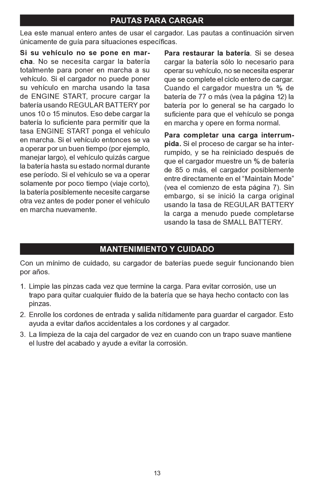 Schumacher PSC-12500A owner manual Pautas Para Cargar, Mantenimiento Y Cuidado 