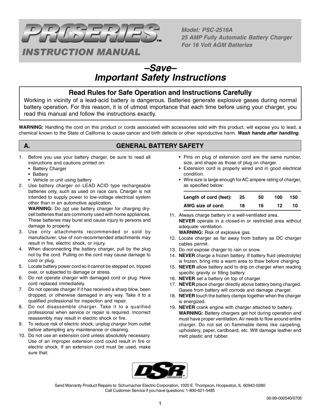 Schumacher PSC-2516A instruction manual Save Important Safety Instructions, General Battery Safety 