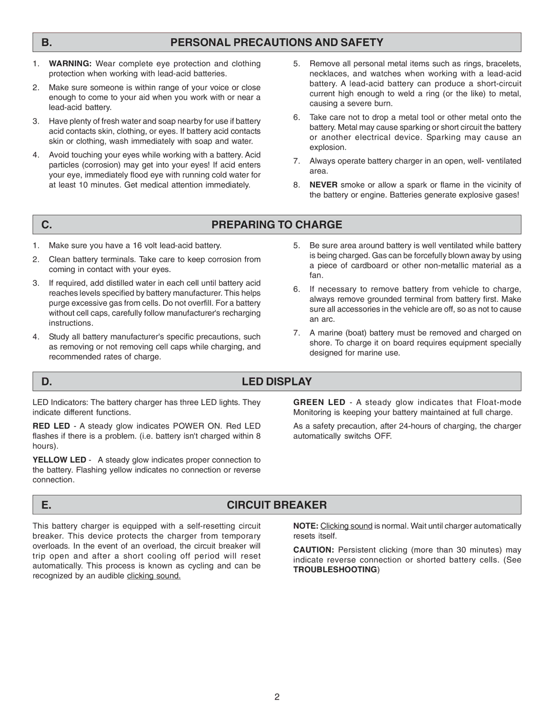 Schumacher PSC-2516A Personal Precautions and Safety, Preparing to Charge, LED Display, Circuit Breaker, Troubleshooting 