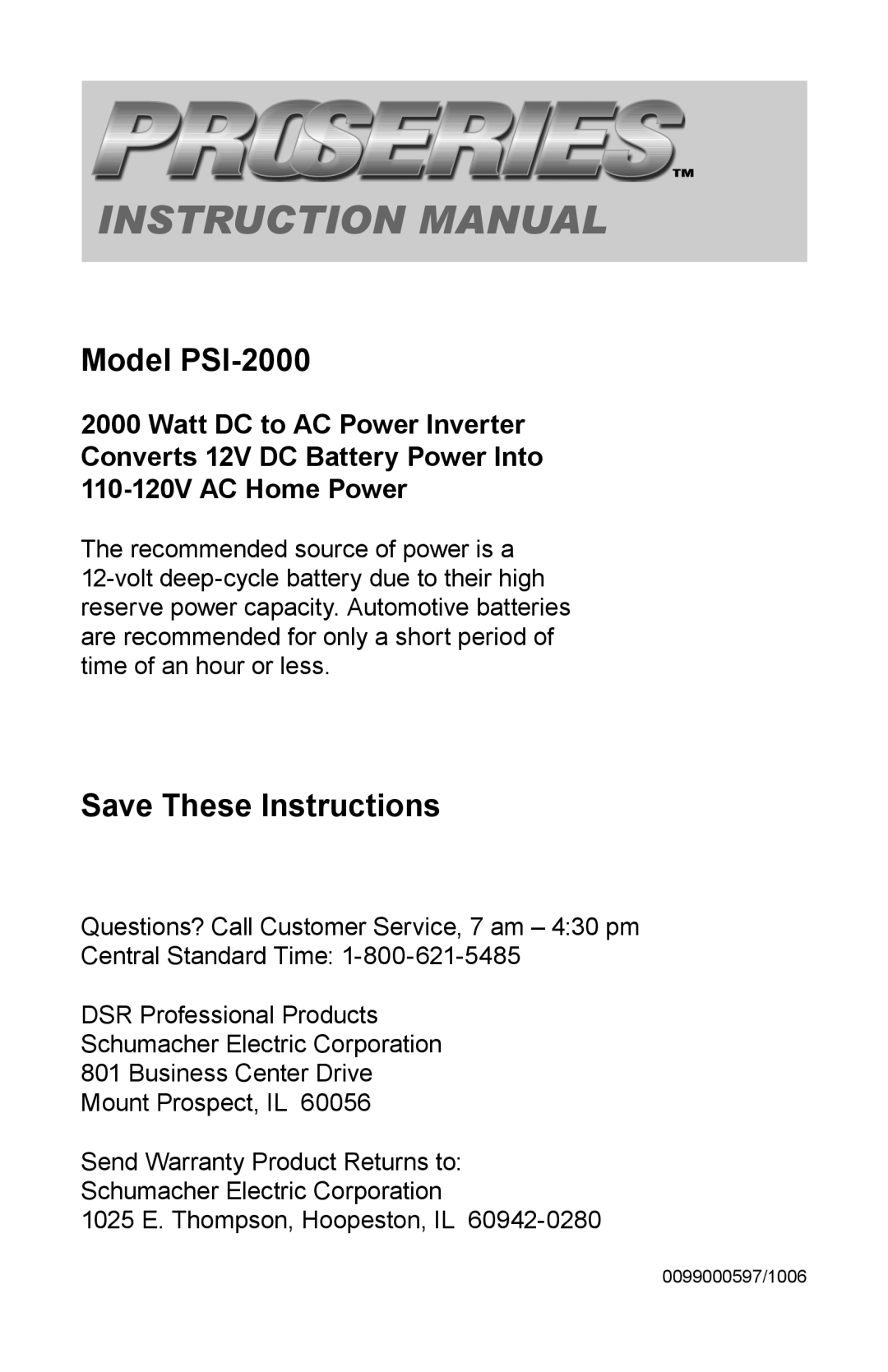 Schumacher instruction manual Model PSI-2000 