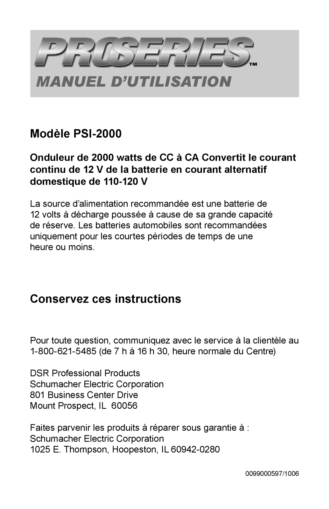 Schumacher PSI-2000 instruction manual Manuel d’utilisation 