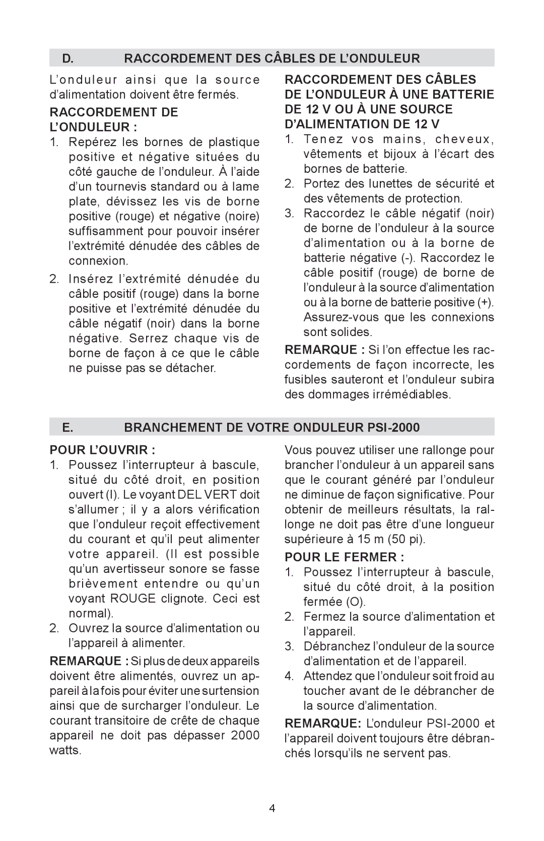 Schumacher PSI-2000 instruction manual Raccordement DES Câbles DE L’ONDULEUR, Raccordement DE ’ONDULEUR, Pour LE Fermer 