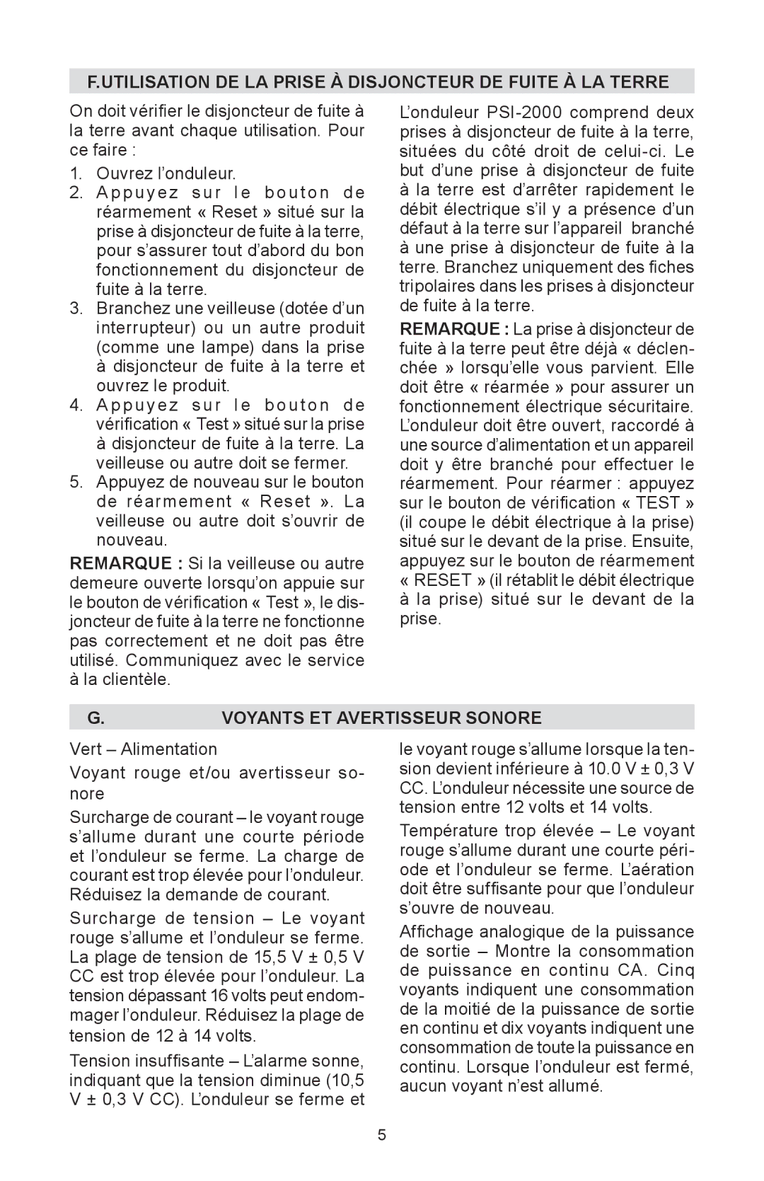 Schumacher PSI-2000 Utilisation DE LA Prise À Disjoncteur DE Fuite À LA Terre, Voyants ET Avertisseur Sonore 