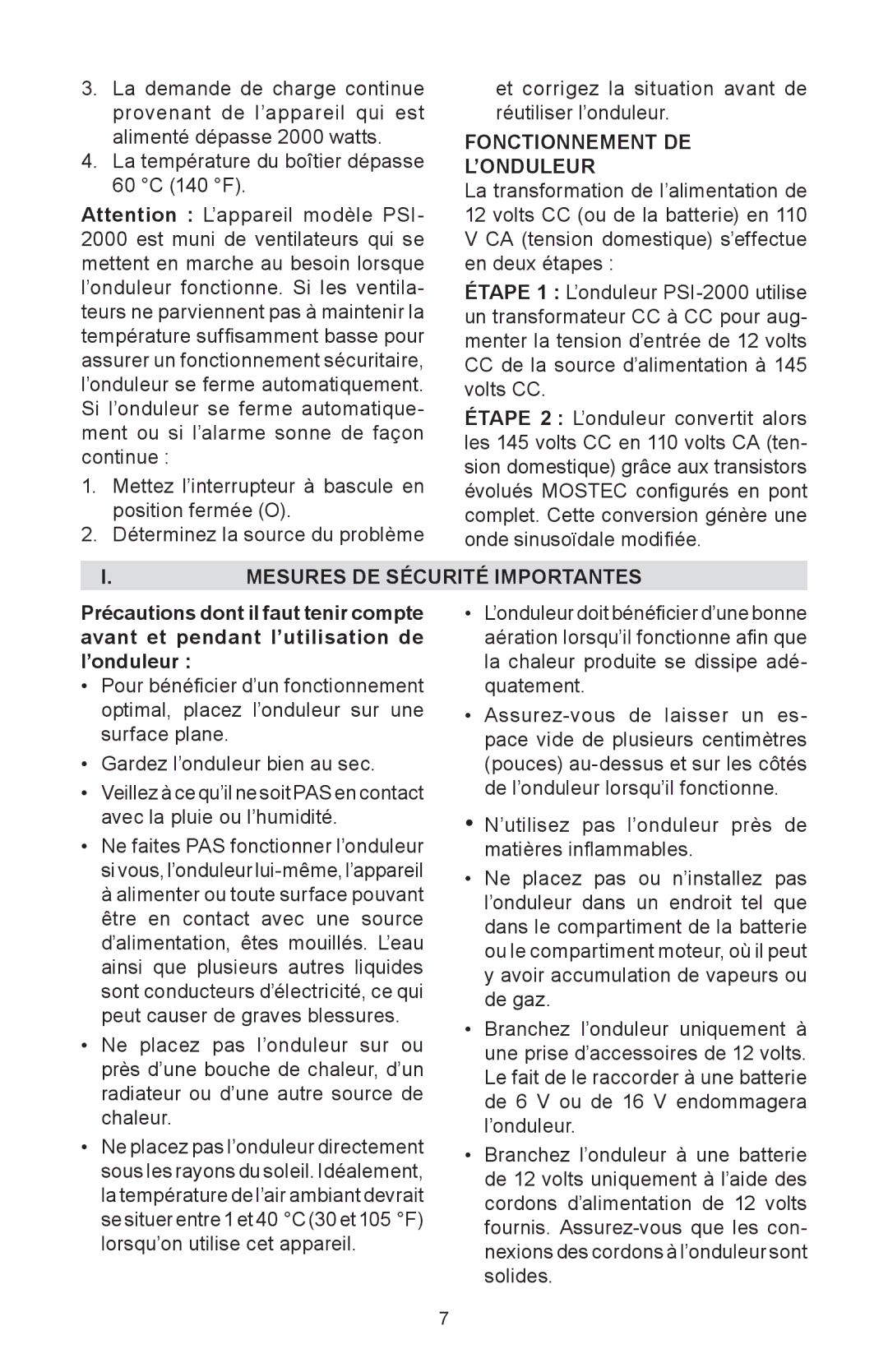 Schumacher PSI-2000 instruction manual Fonctionnement DE ’ONDULEUR, Mesures DE Sécurité Importantes 