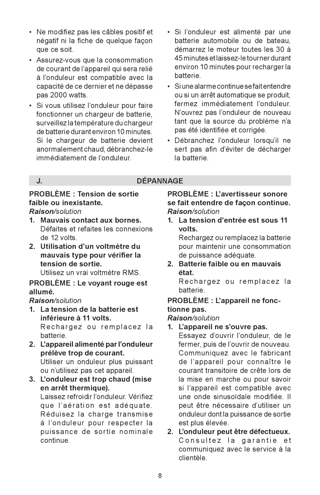 Schumacher PSI-2000 instruction manual Dépannage 