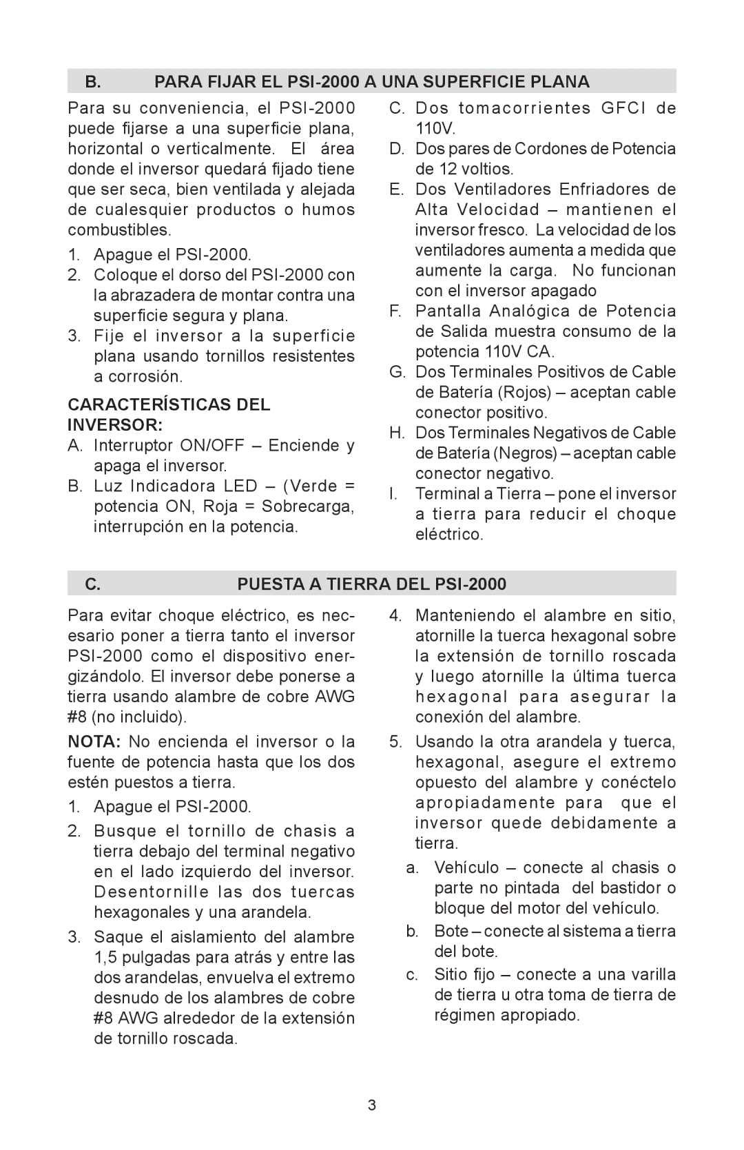 Schumacher Para Fijar EL PSI-2000 a UNA Superficie Plana, Características DEL Inversor, Puesta a Tierra DEL PSI-2000 