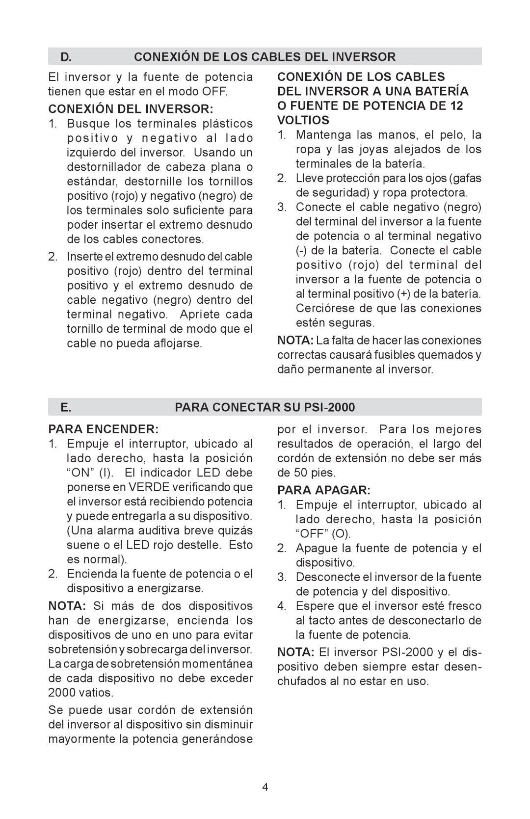 Schumacher Conexión DE LOS Cables DEL Inversor, Conexión DEL Inversor, Para Conectar SU PSI-2000, Para Encender 