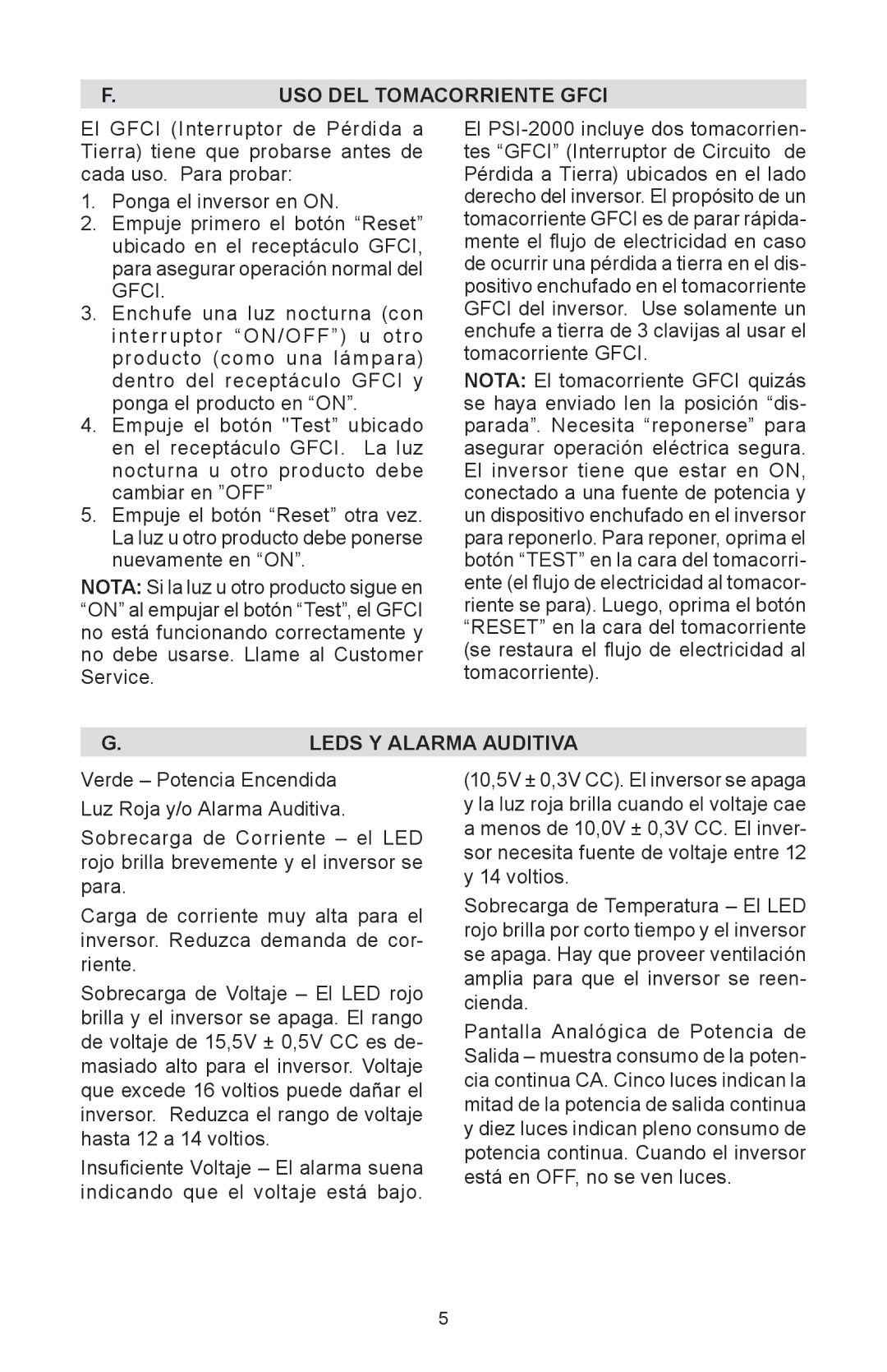 Schumacher PSI-2000 instruction manual USO DEL Tomacorriente Gfci, LEDs y Alarma Auditiva 