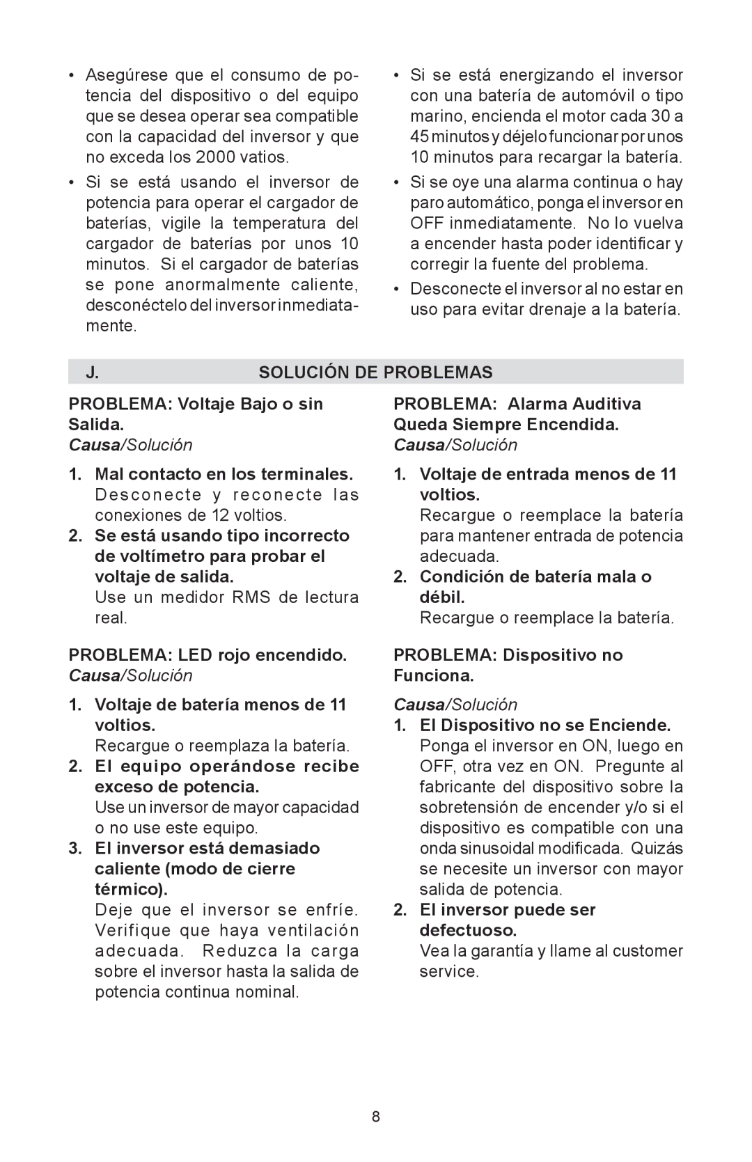 Schumacher PSI-2000 instruction manual Solución DE Problemas 