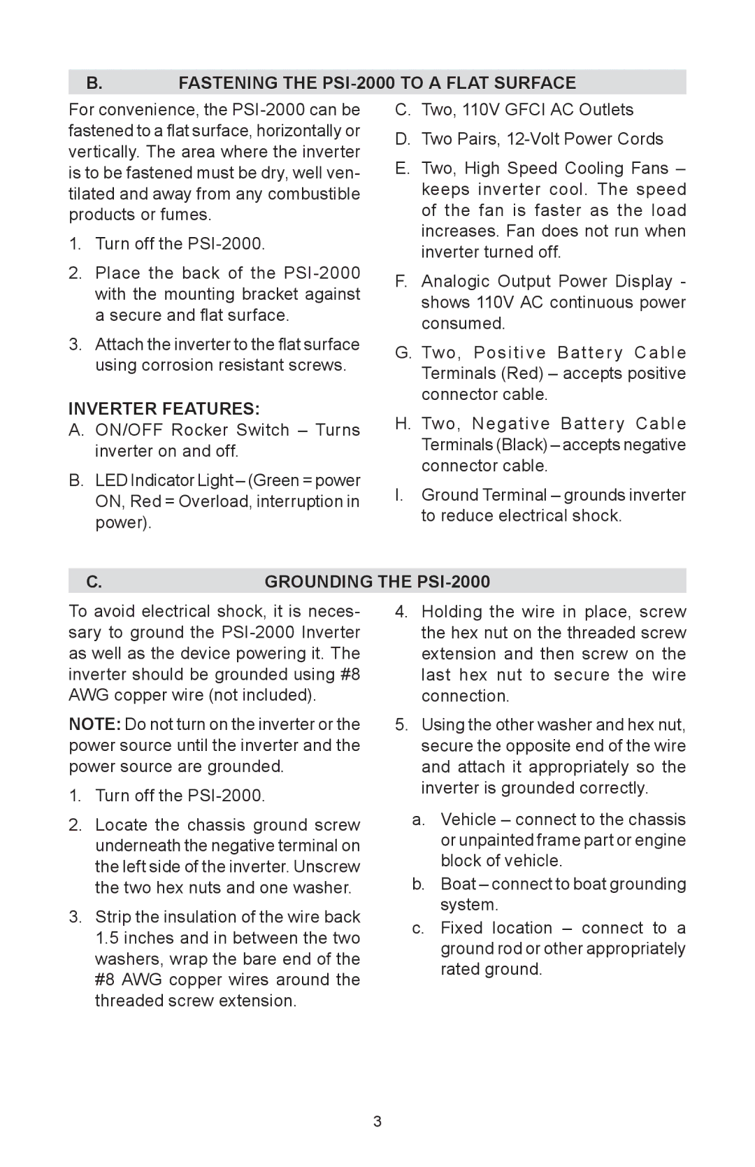 Schumacher instruction manual Fastening the PSI-2000 to a flat surface, Inverter Features, Grounding the PSI-2000 