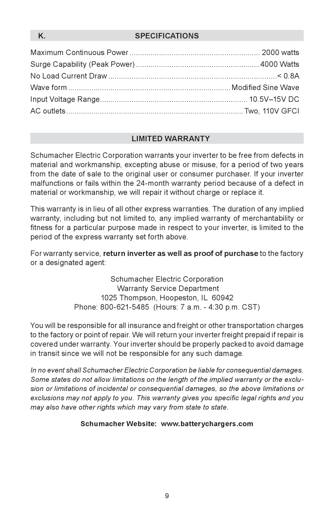 Schumacher PSI-2000 instruction manual Specifications, Limited Warranty 