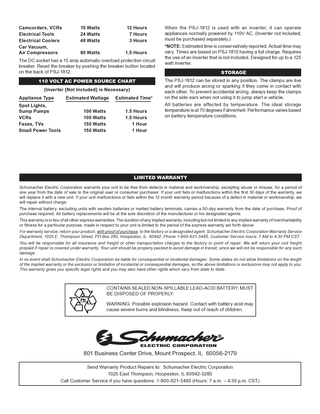 Schumacher PSJ-1812 owner manual Volt AC Power Source Chart, Storage, Limited Warranty 