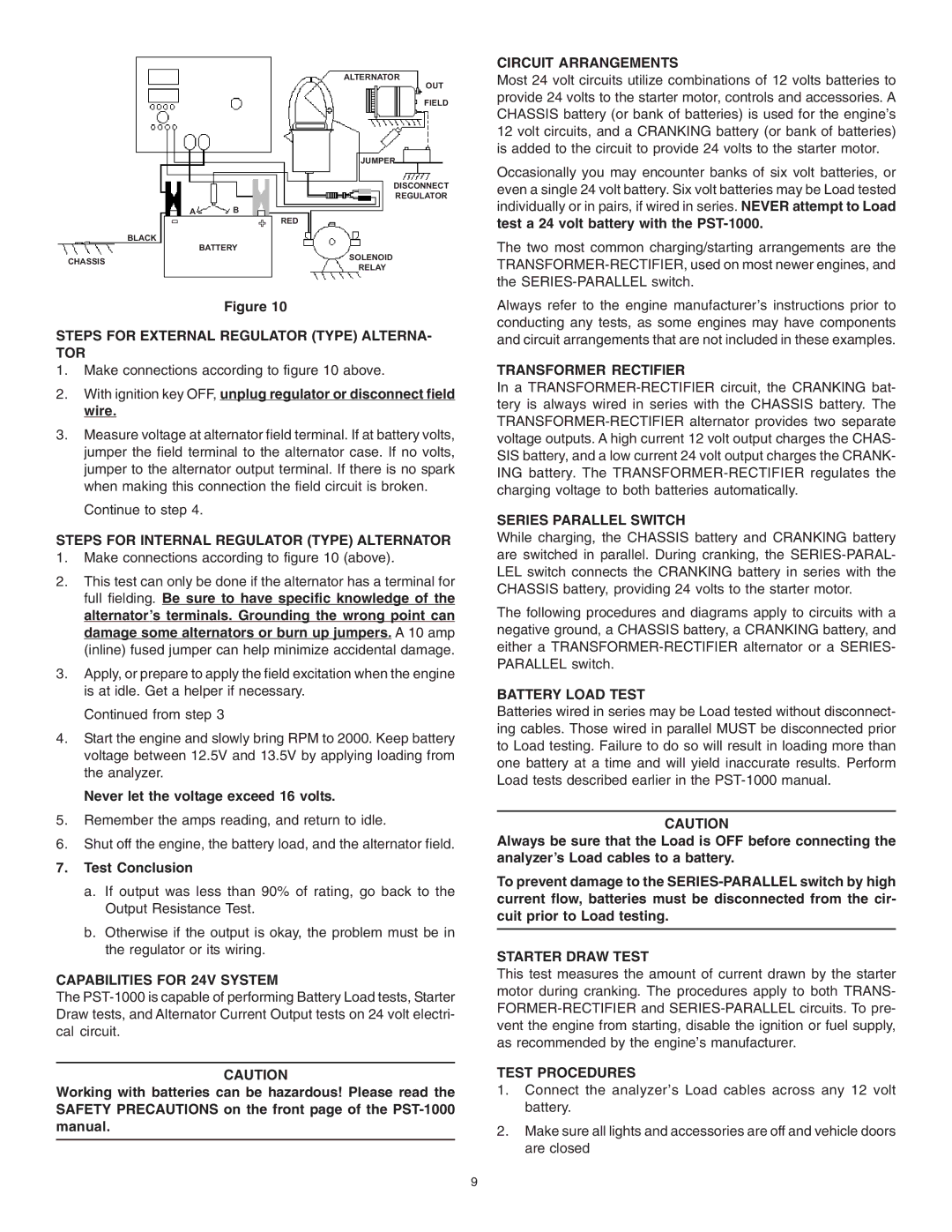 Schumacher PST-1000 Steps for External Regulator Type ALTERNA- TOR, Steps for Internal Regulator Type Alternator 