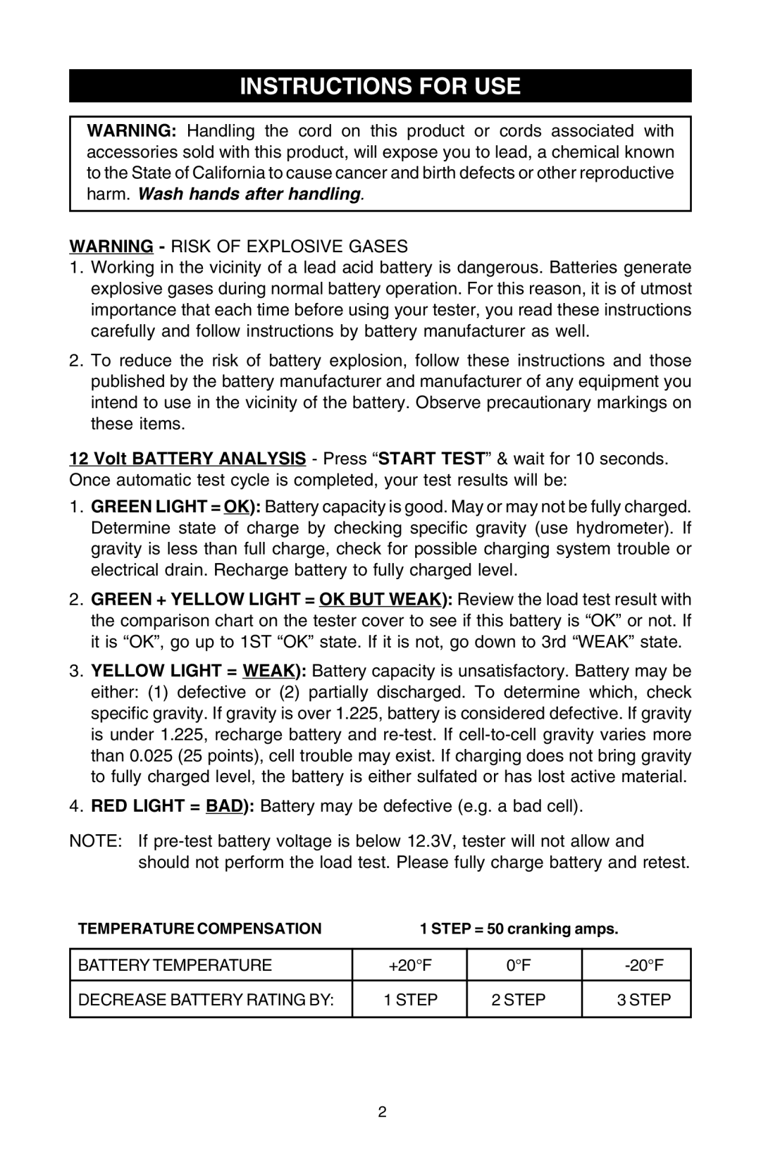 Schumacher PST-200 owner manual Instructions for USE, RED Light = BAD Battery may be defective e.g. a bad cell 