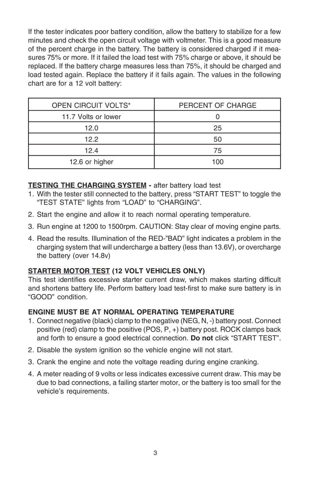 Schumacher PST-200 owner manual Starter Motor Test 12 Volt Vehicles only 