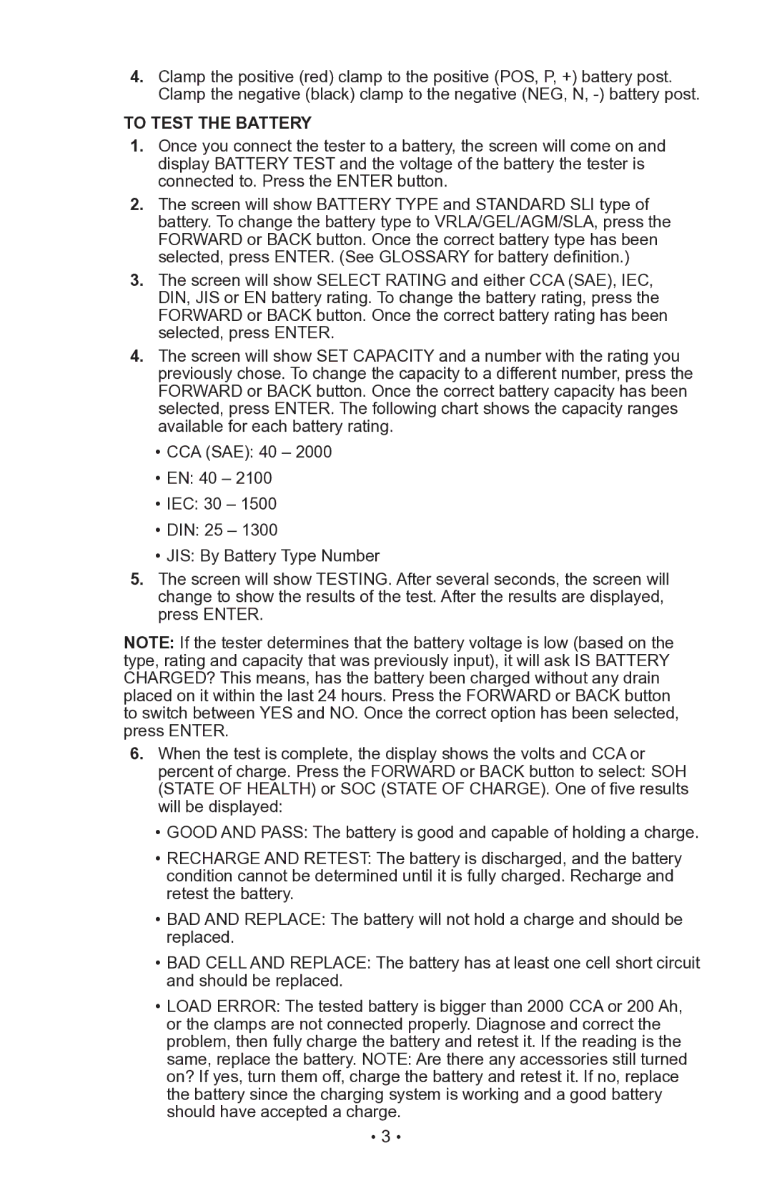 Schumacher PST-900X owner manual To Test the Battery 