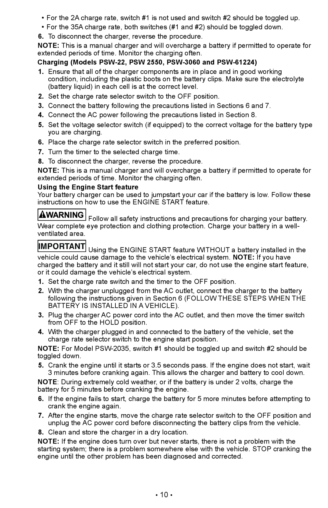 Schumacher owner manual Charging Models PSW-22, PSW 2550, PSW-3060 and PSW-61224, Using the Engine Start feature 