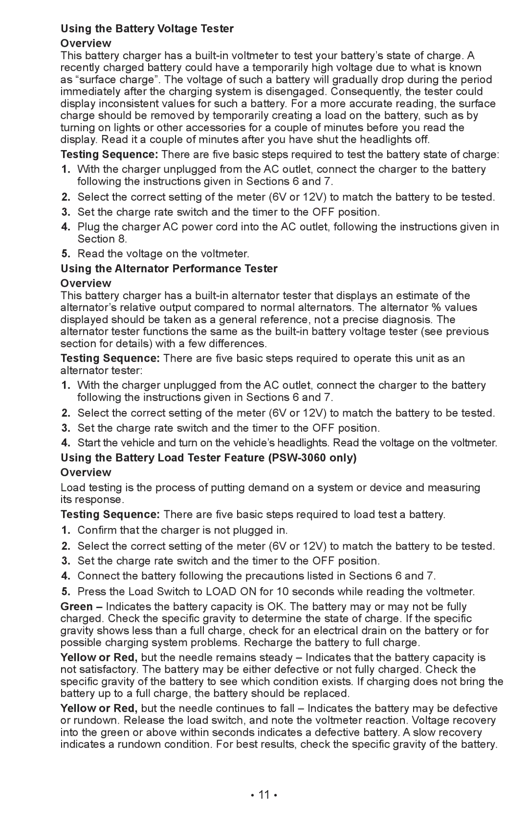 Schumacher PSW-22 owner manual Using the Battery Voltage Tester Overview, Using the Alternator Performance Tester Overview 