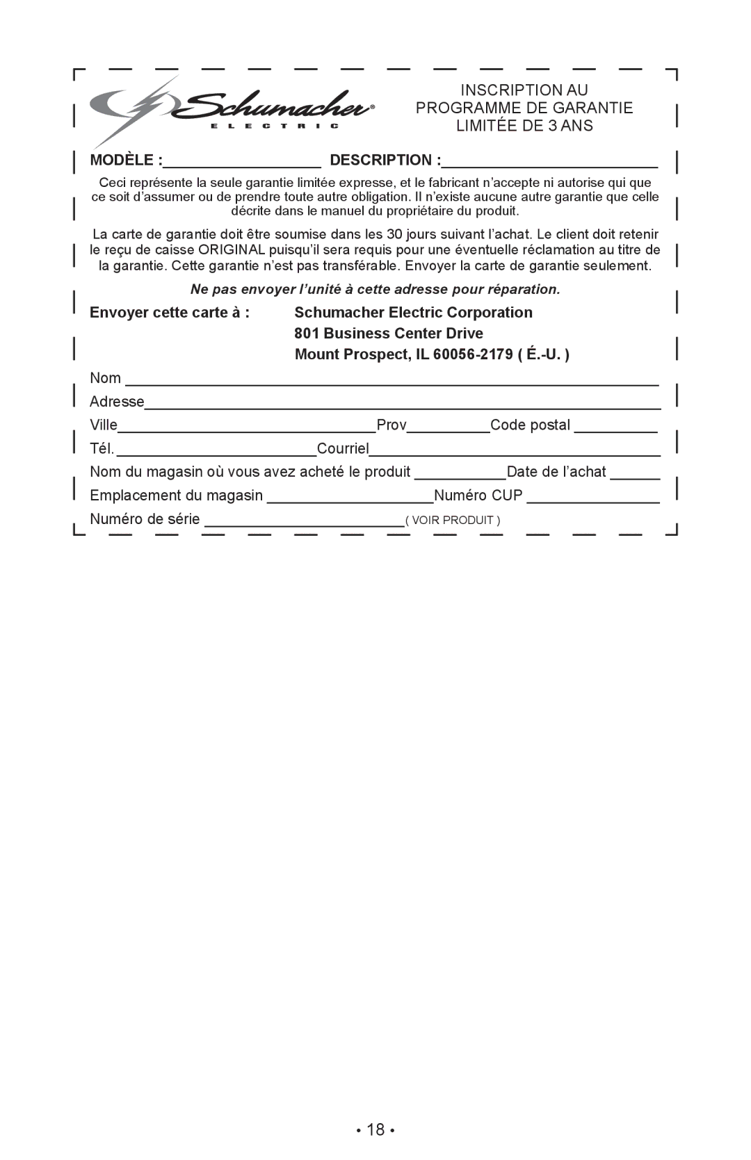 Schumacher PSW-22 owner manual Inscription AU Programme DE Garantie Limitée DE 3 ANS 