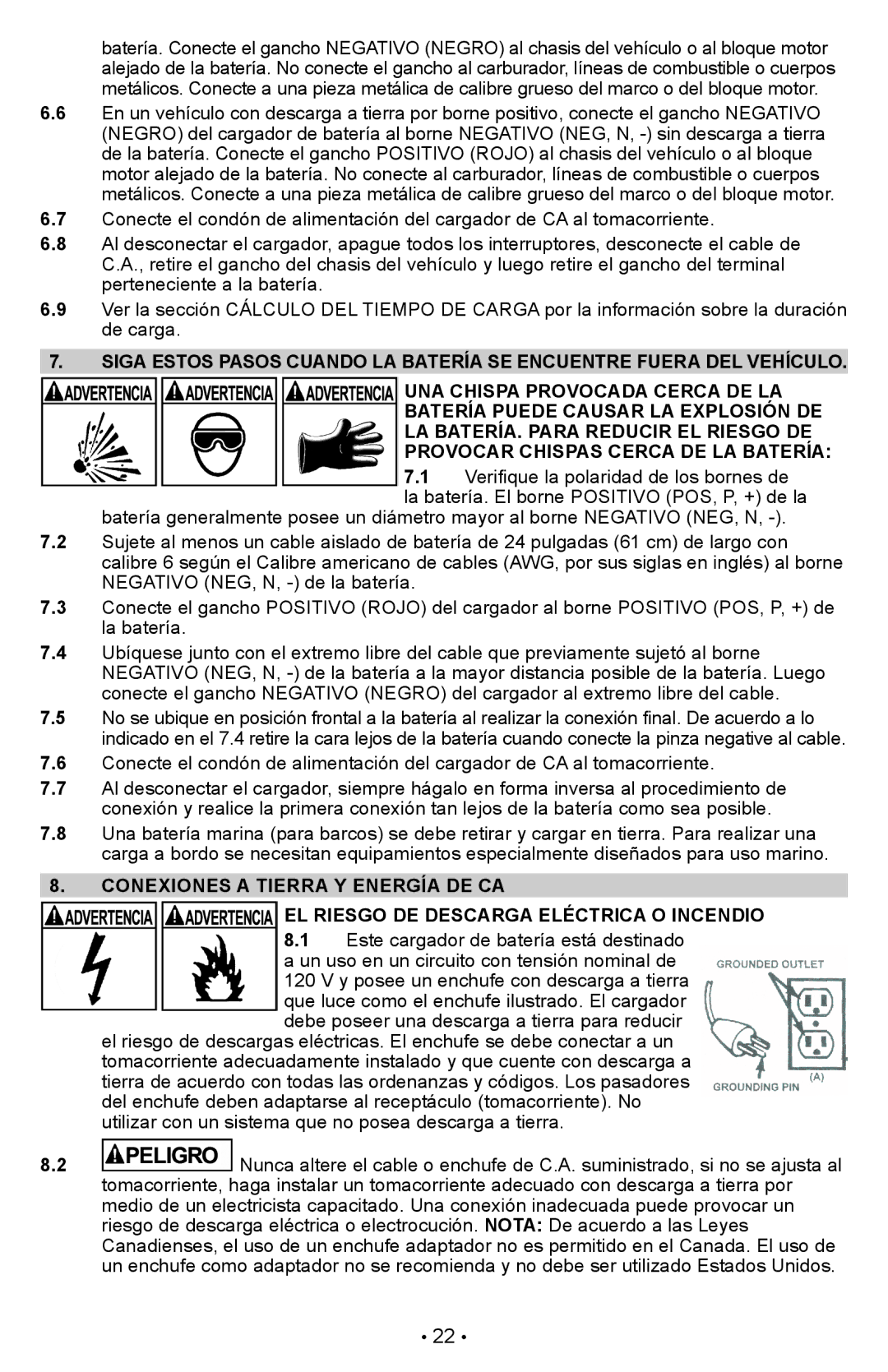 Schumacher PSW-22 owner manual Conexiones a tierra y energía de CA, EL Riesgo DE Descarga Eléctrica O Incendio 