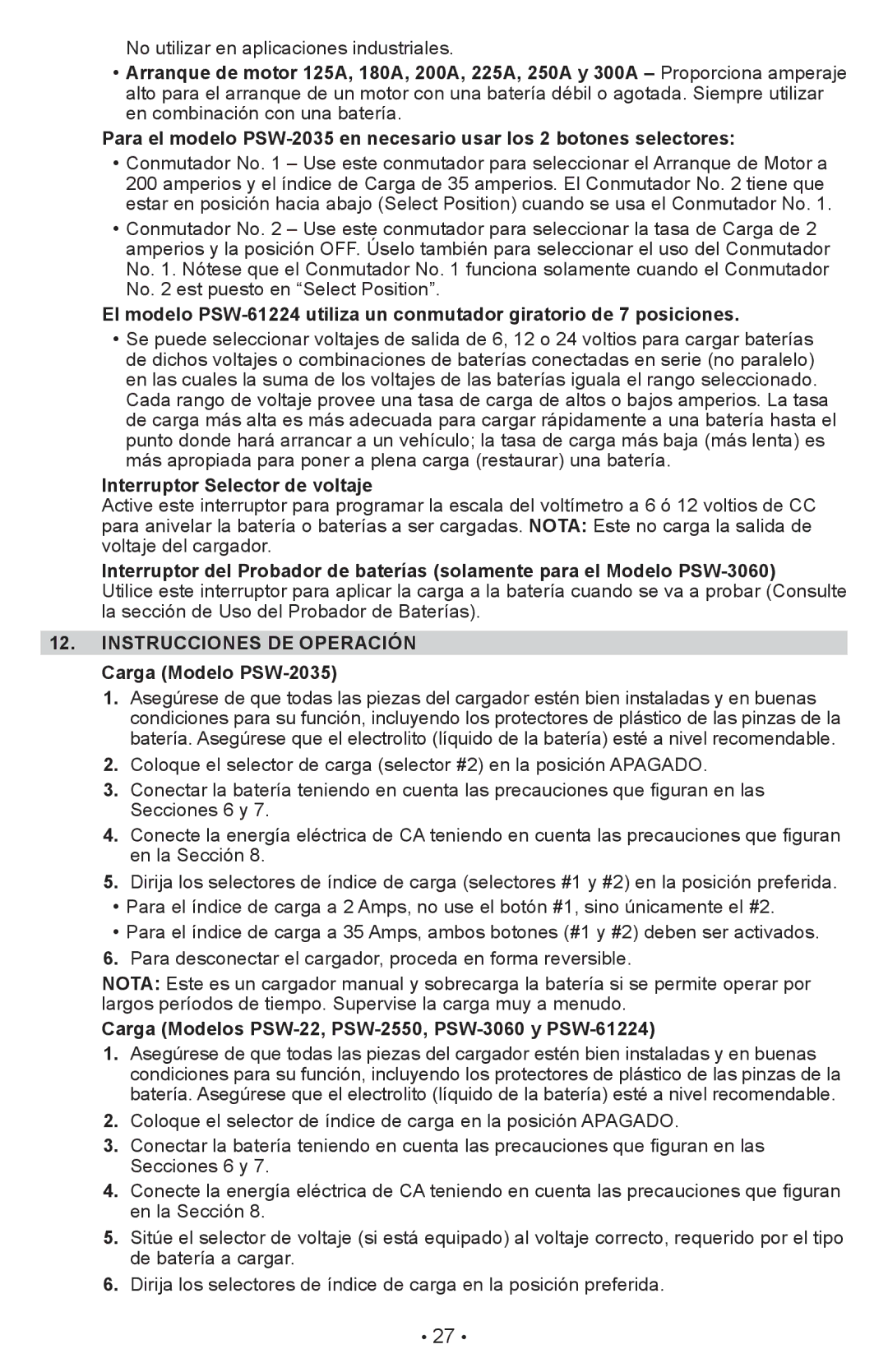 Schumacher PSW-22 owner manual Interruptor Selector de voltaje, Instrucciones DE Operación Carga Modelo PSW-2035 