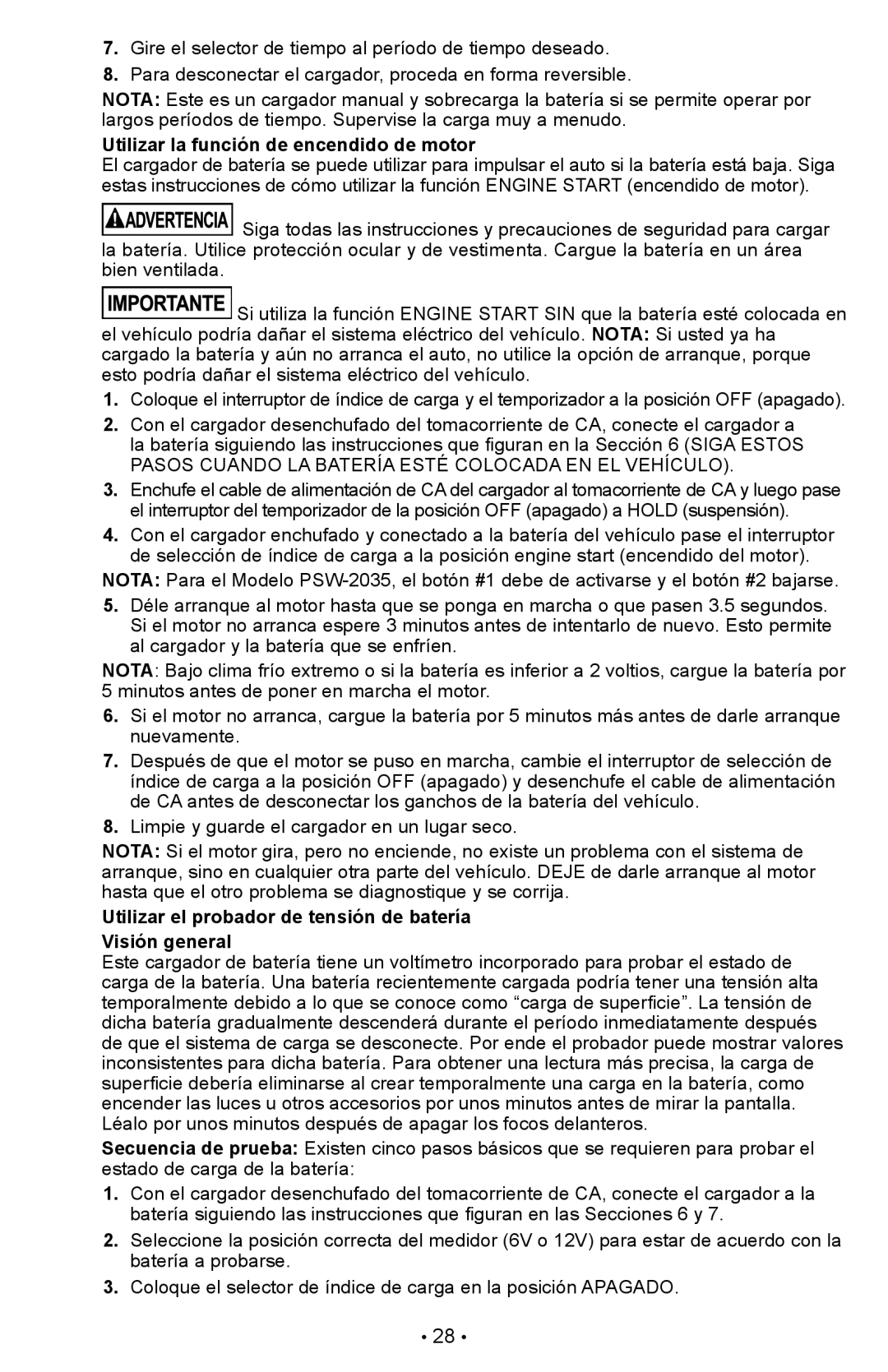 Schumacher PSW-22 Utilizar la función de encendido de motor, Utilizar el probador de tensión de batería Visión general 