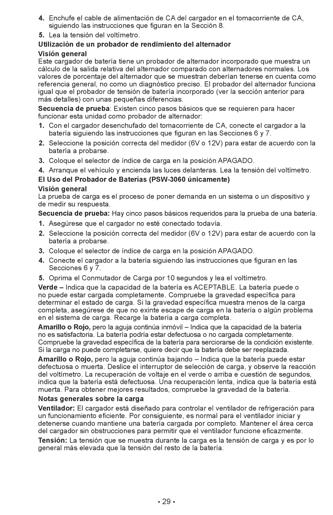 Schumacher PSW-22 owner manual Notas generales sobre la carga 