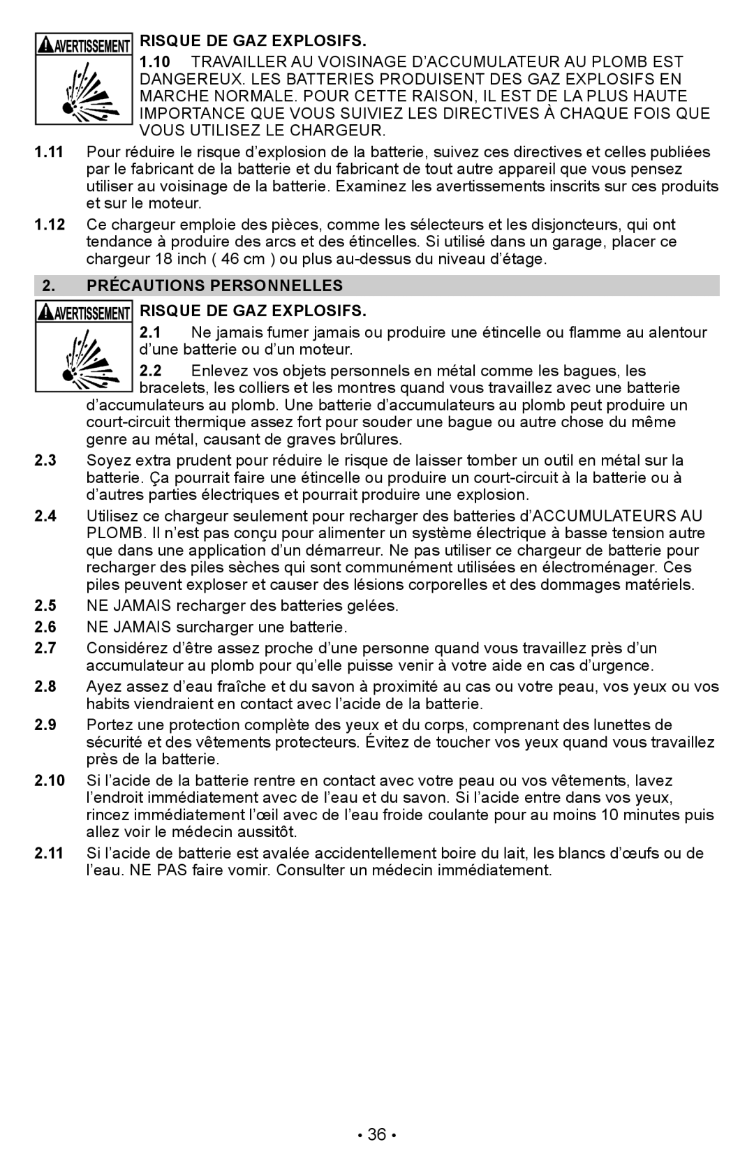 Schumacher PSW-22 owner manual Précautions Personnelles Risque DE GAZ Explosifs 