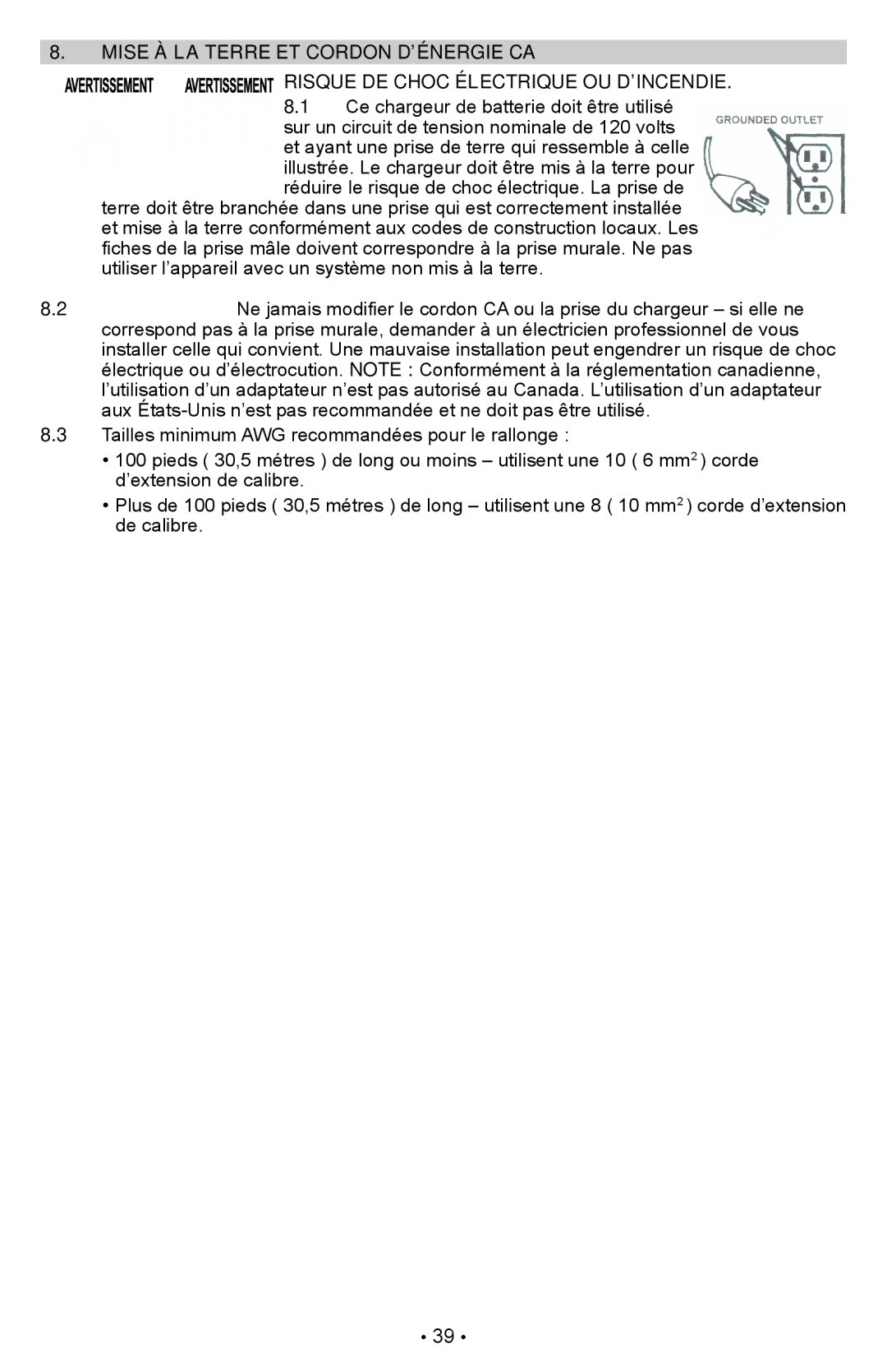 Schumacher PSW-22 owner manual Mise à la terre et cordon d’énergie CA, Risque DE Choc Électrique OU D’INCENDIE 