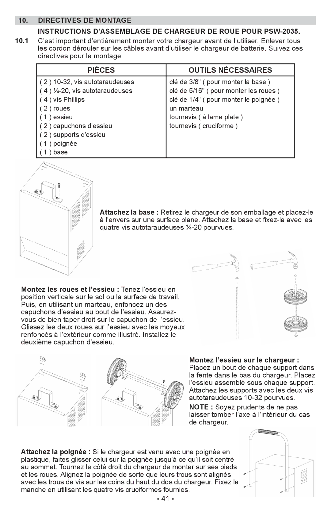 Schumacher PSW-22 owner manual Pièces Outils Nécessaires 