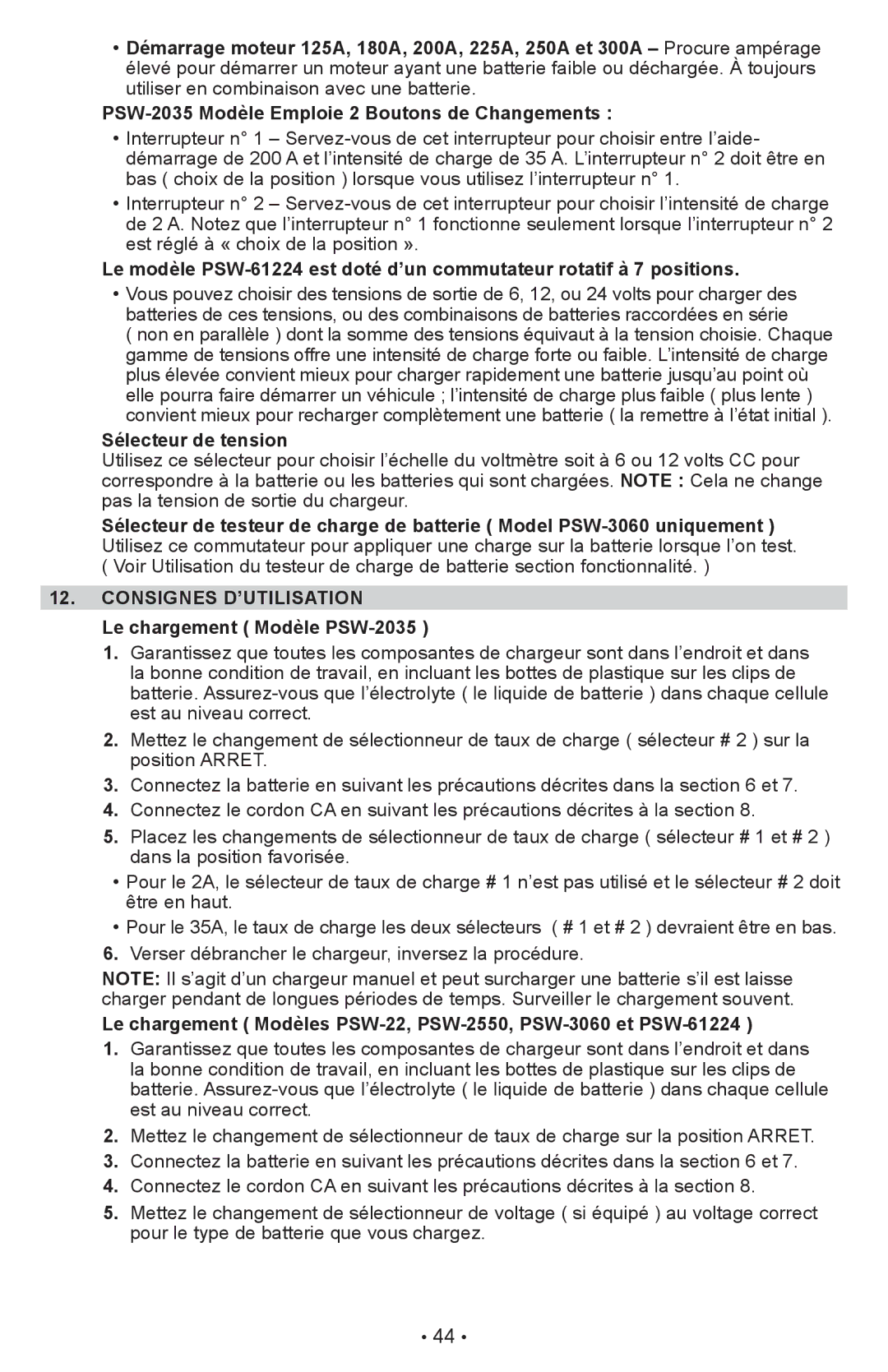 Schumacher PSW-22 owner manual Sélecteur de tension, Consignes D’UTILISATION, Le chargement Modèle PSW-2035 