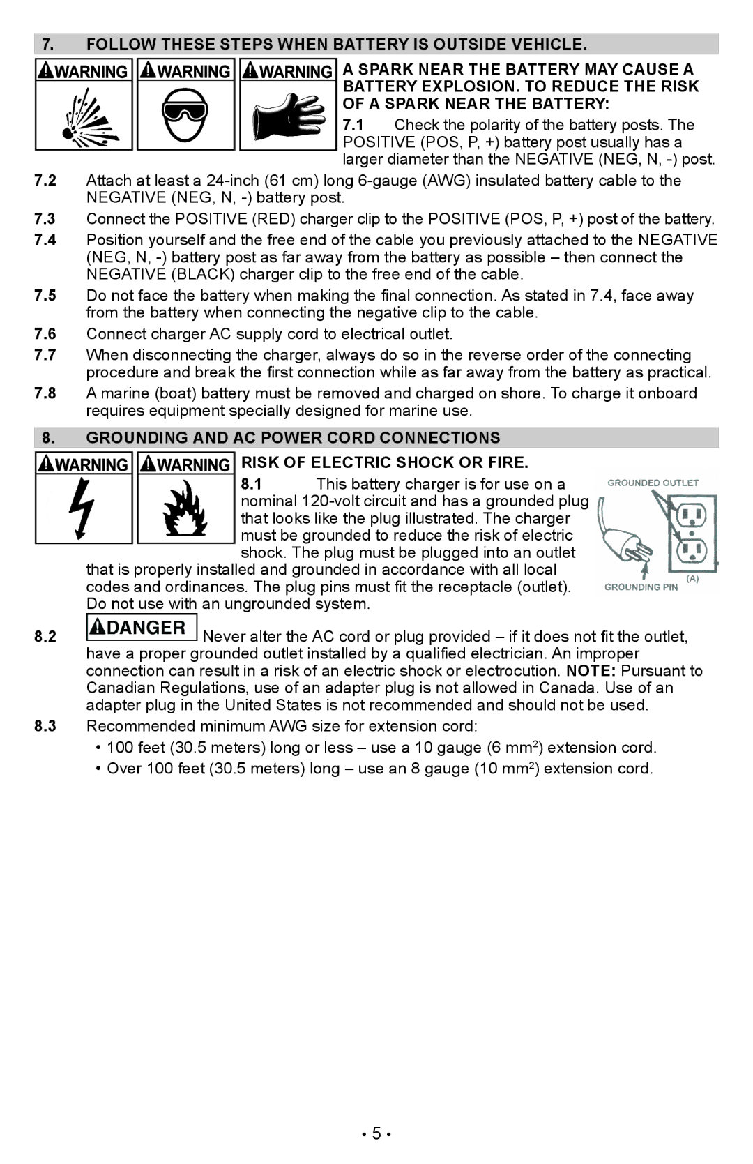 Schumacher PSW-22 owner manual Grounding and ac power cord connections, Risk of Electric Shock or Fire 