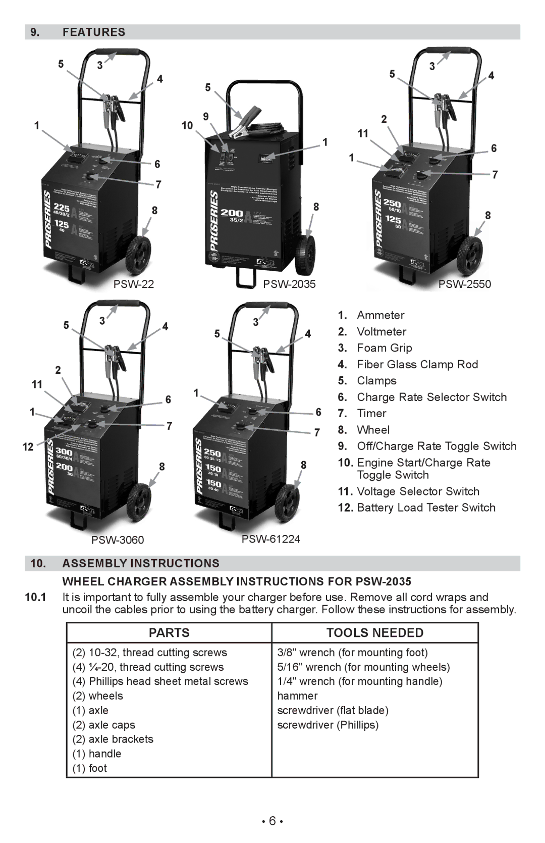 Schumacher PSW-22 owner manual Features, Wheel Charger Assembly Instructions for PSW-2035 