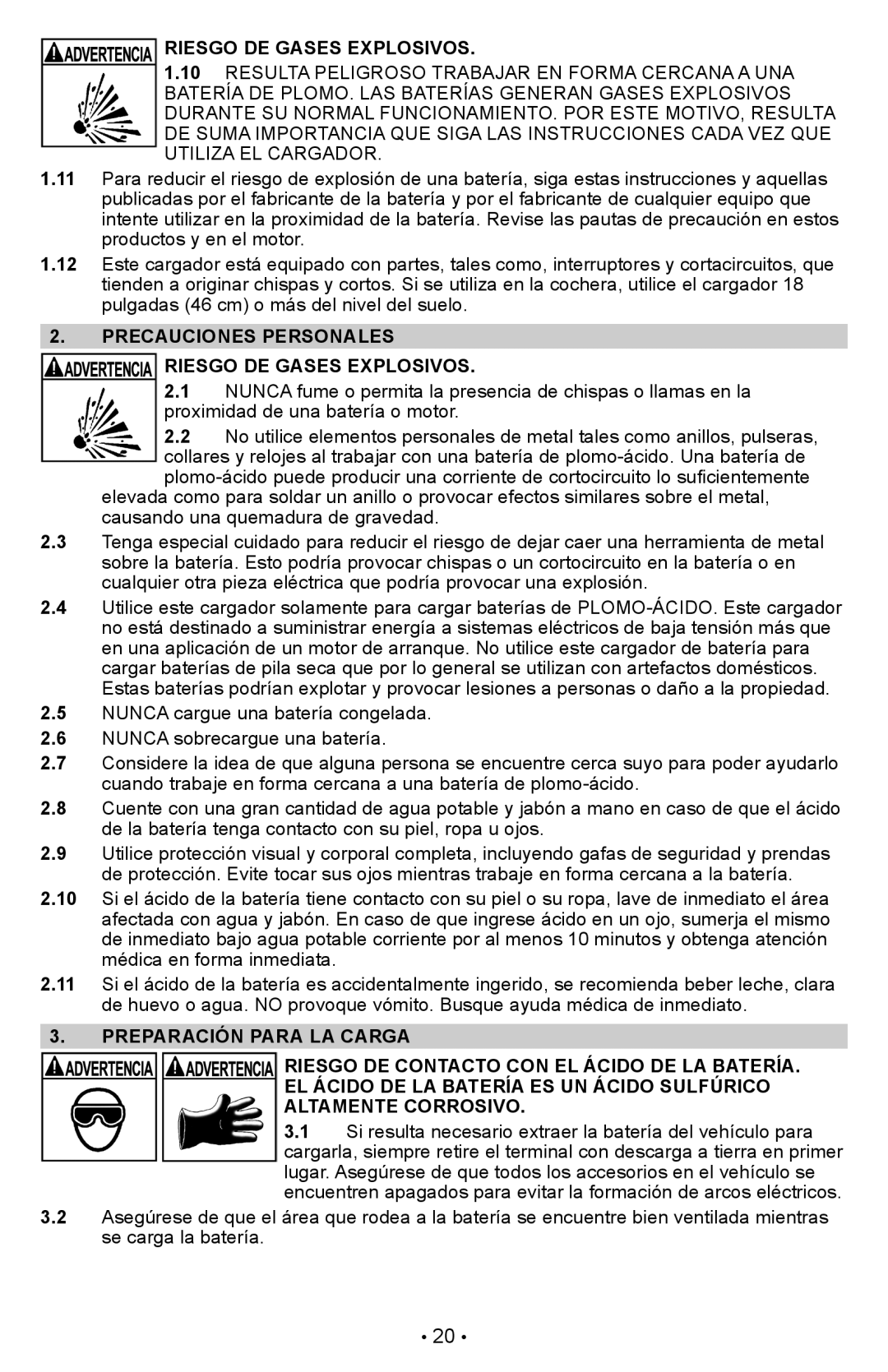 Schumacher PSW-22 owner manual Precauciones Personales Riesgo De Gases Explosivos, Preparación Para La Carga 