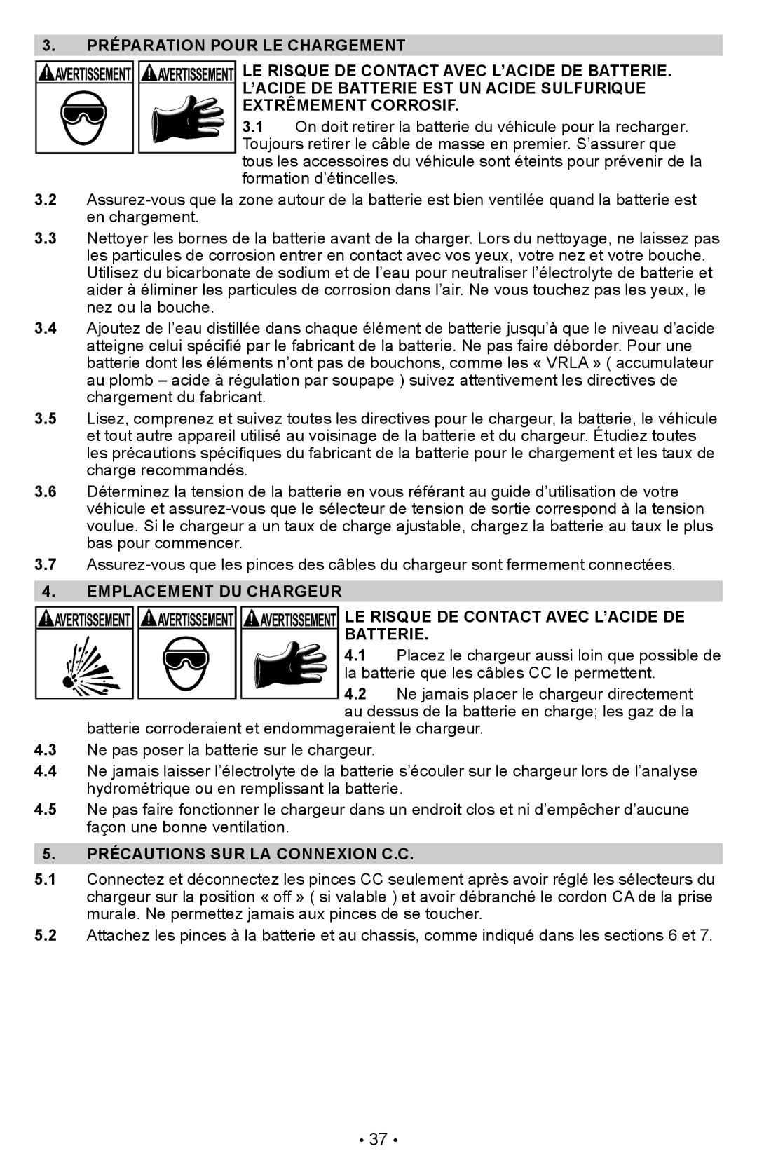 Schumacher PSW-22 owner manual 3. PRÉPARATION POUR LE CHARGEMENT, Le Risque De Contact Avec L’Acide De Batterie 