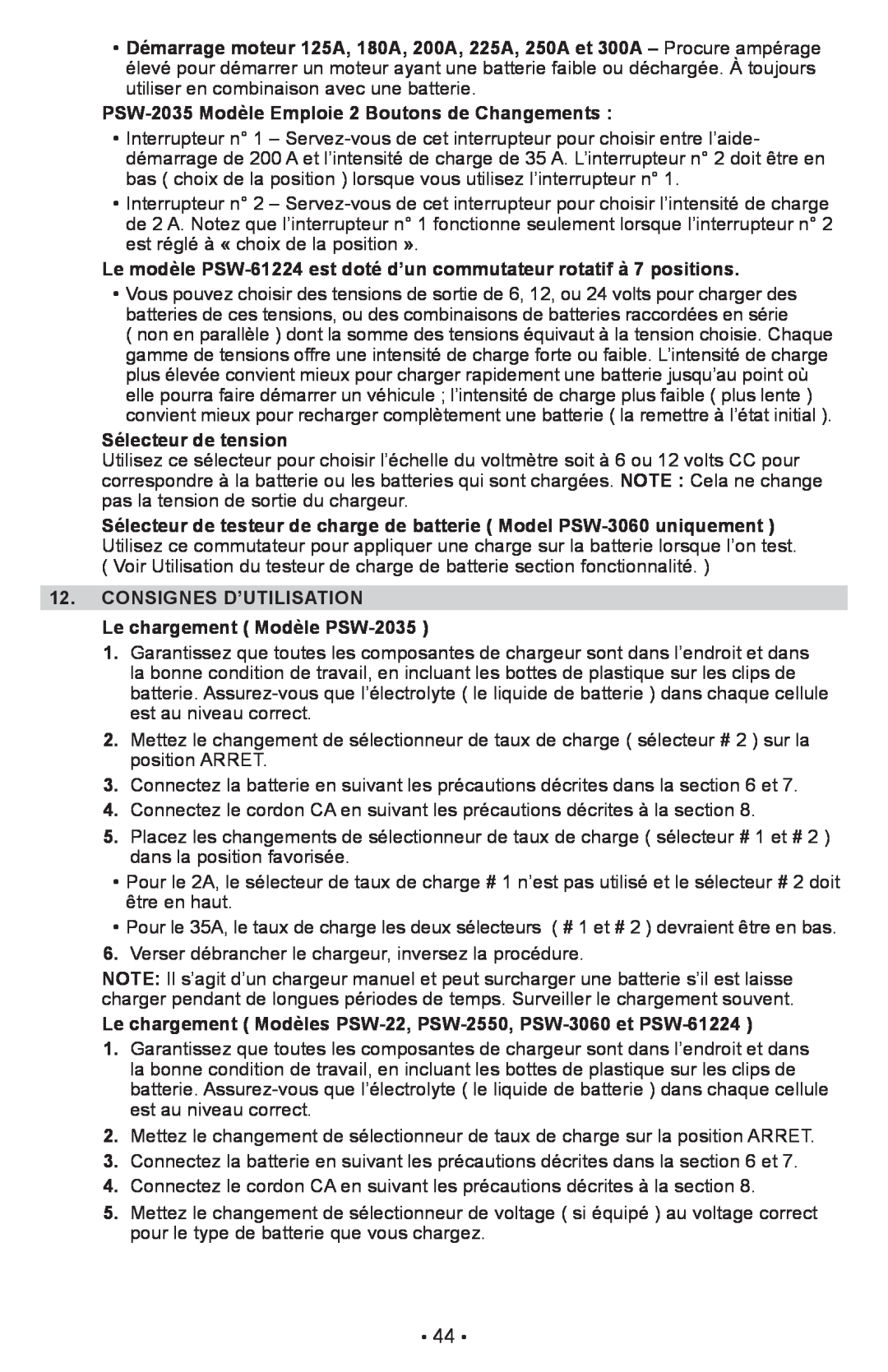 Schumacher PSW-22 owner manual PSW-2035 Modèle Emploie 2 Boutons de Changements, Sélecteur de tension 