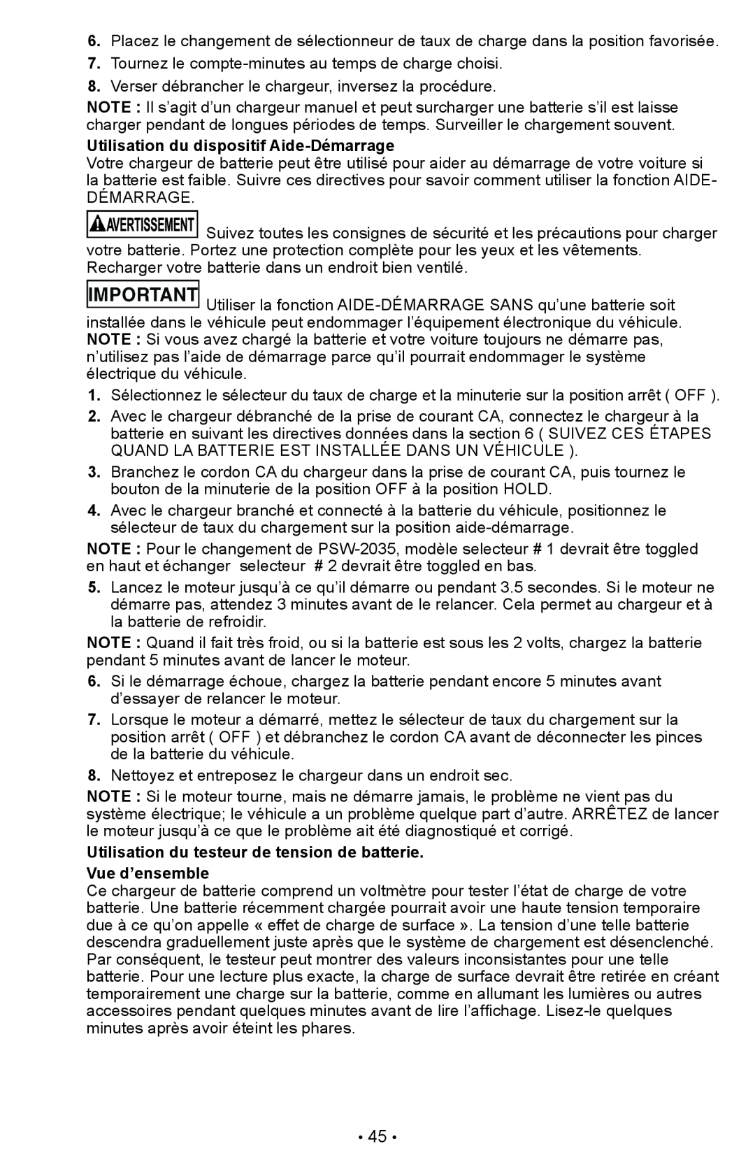 Schumacher PSW-22 Utilisation du dispositif Aide-Démarrage, Utilisation du testeur de tension de batterie Vue d’ensemble 