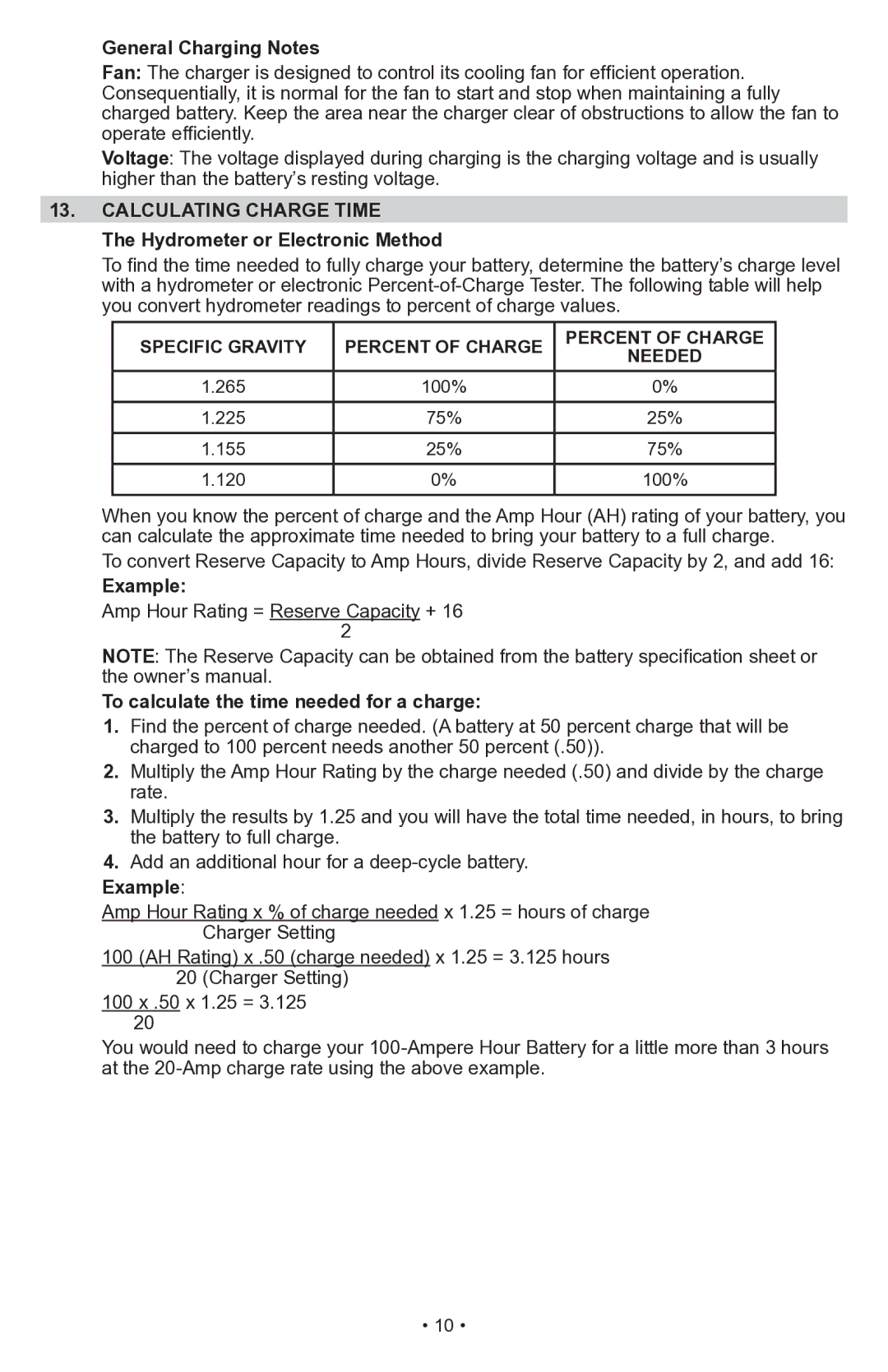 Schumacher PSW-70300A owner manual Calculating Charge Time, Specific Gravity Percent of Charge Needed 