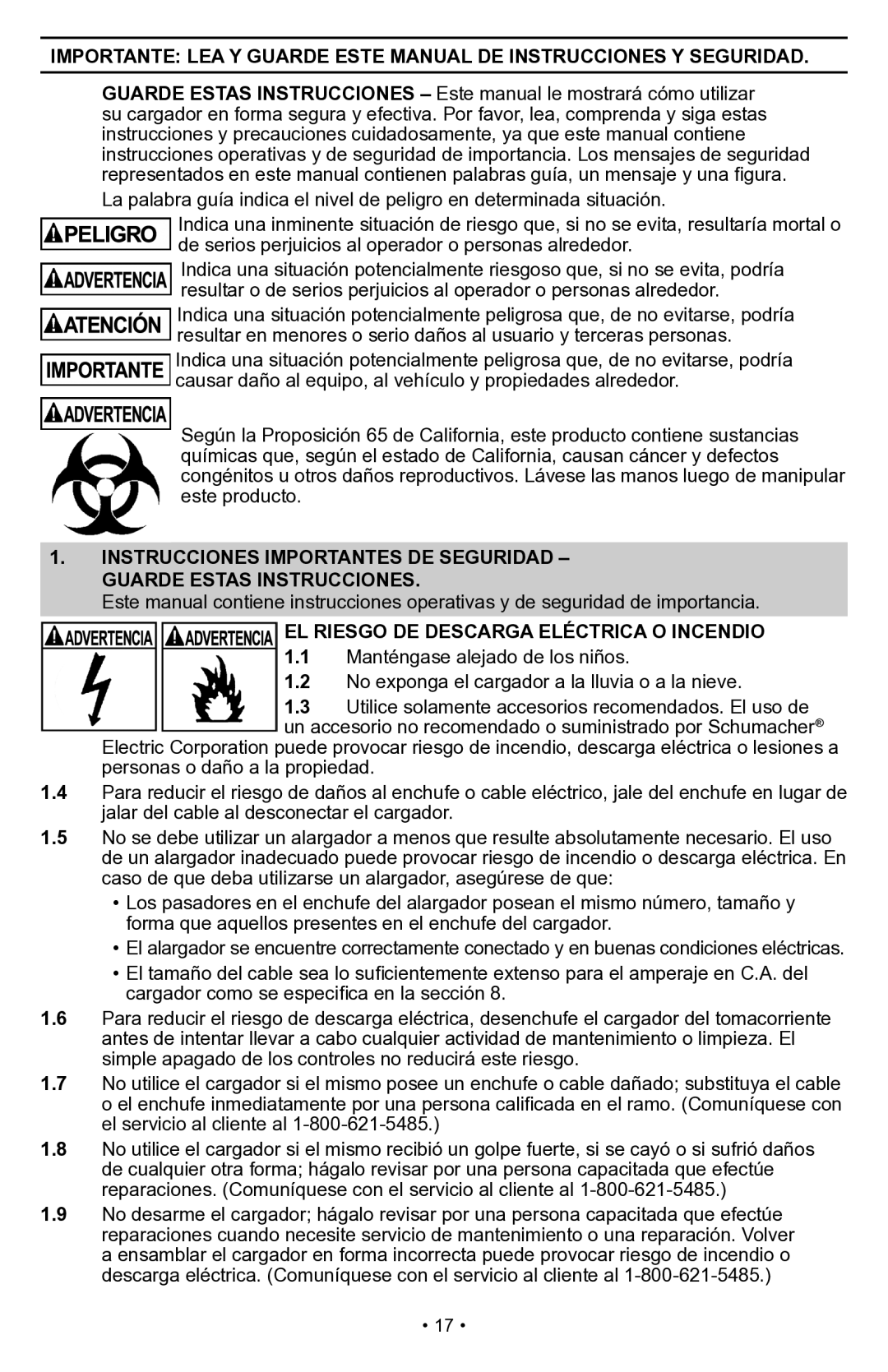 Schumacher PSW-70300A owner manual EL Riesgo DE Descarga Eléctrica O Incendio 