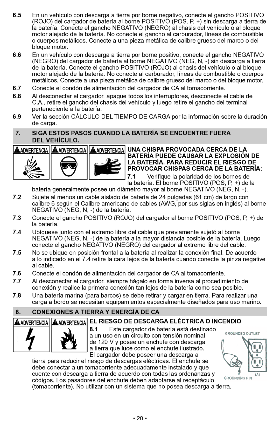 Schumacher PSW-70300A owner manual Conexiones a tierra y energía de CA, EL Riesgo DE Descarga Eléctrica O Incendio 