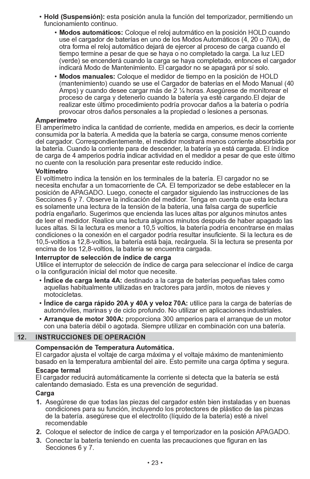 Schumacher PSW-70300A Interruptor de selección de índice de carga, Instrucciones DE Operación, Escape termal, Carga 