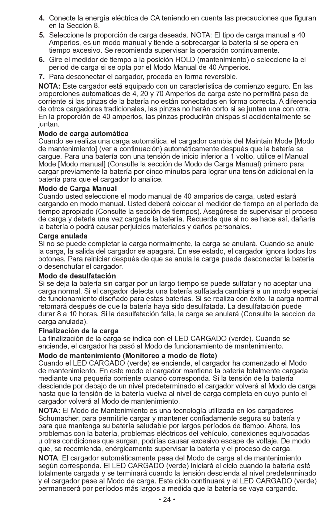 Schumacher PSW-70300A owner manual Modo de carga automática, Modo de Carga Manual, Carga anulada, Modo de desulfatación 