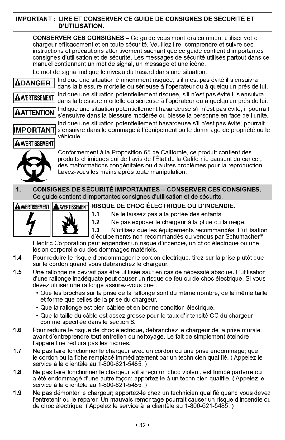 Schumacher PSW-70300A owner manual Risque DE Choc Électrique OU D’INCENDIE 