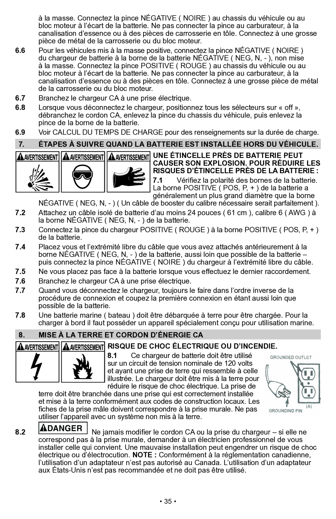 Schumacher PSW-70300A owner manual Mise à la terre et cordon d’énergie CA, Risque DE Choc Électrique OU D’INCENDIE 