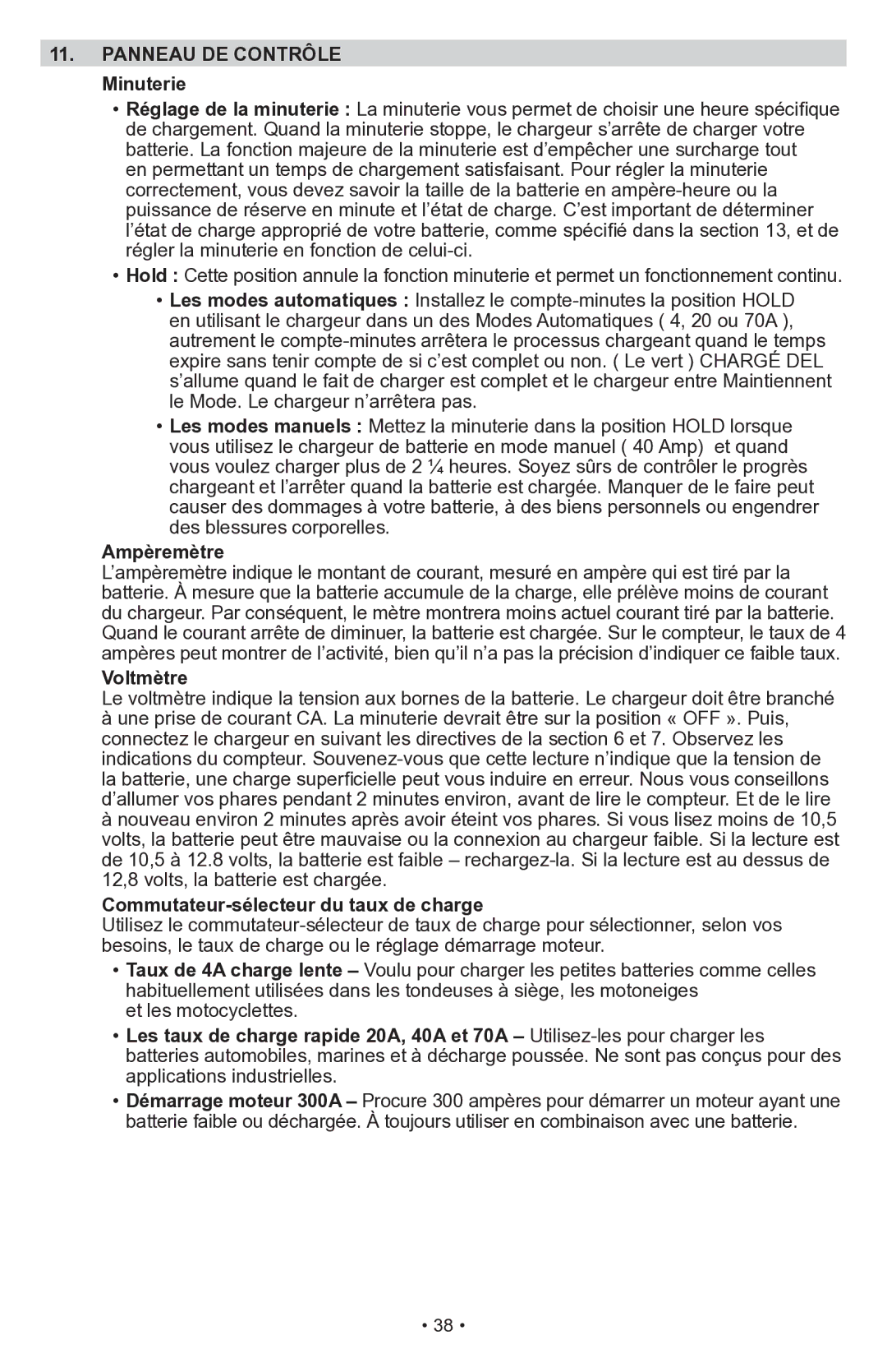 Schumacher PSW-70300A owner manual Panneau DE Contrôle Minuterie, Commutateur-sélecteur du taux de charge 