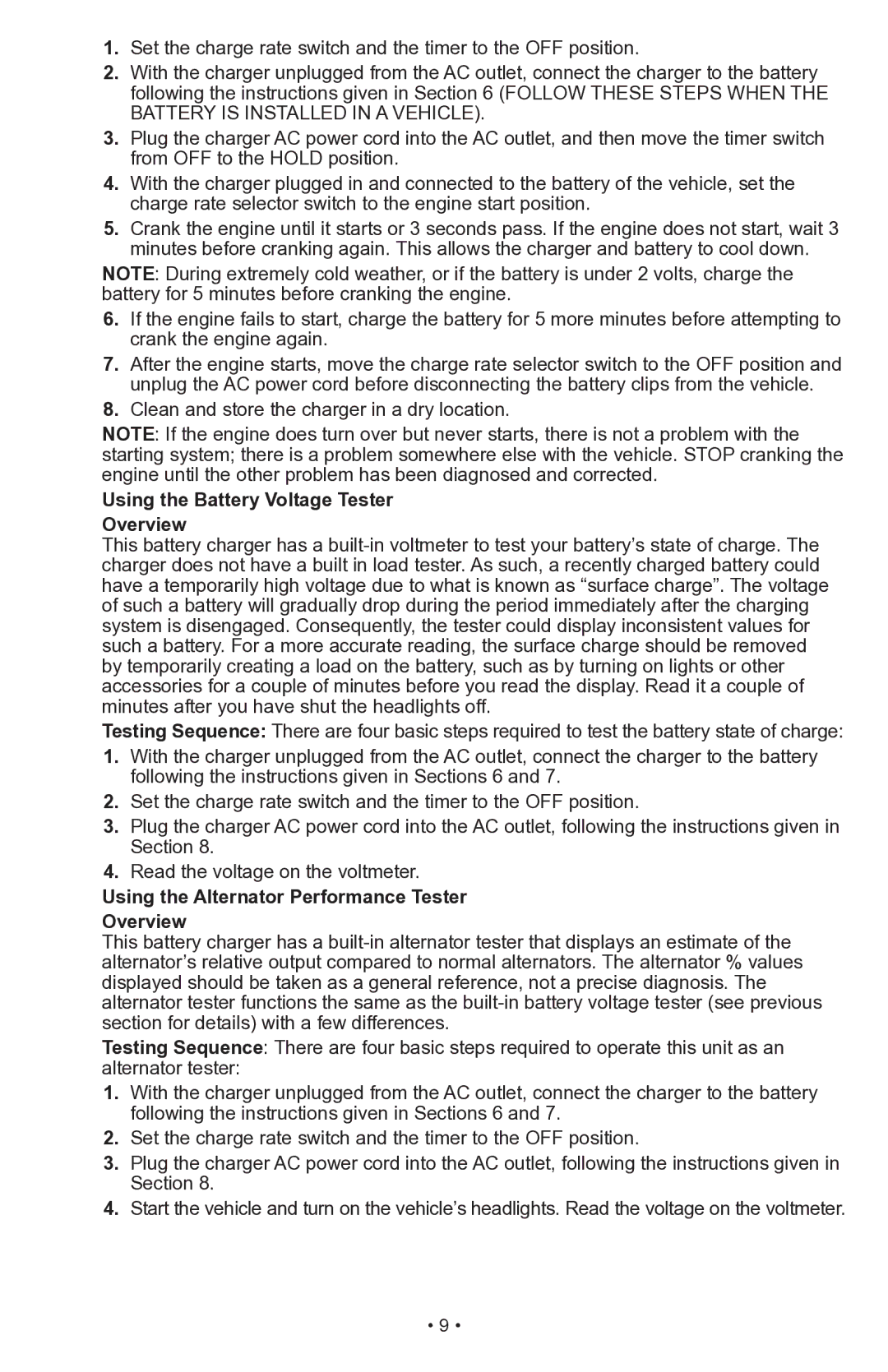 Schumacher PSW-70300A Using the Battery Voltage Tester Overview, Using the Alternator Performance Tester Overview 