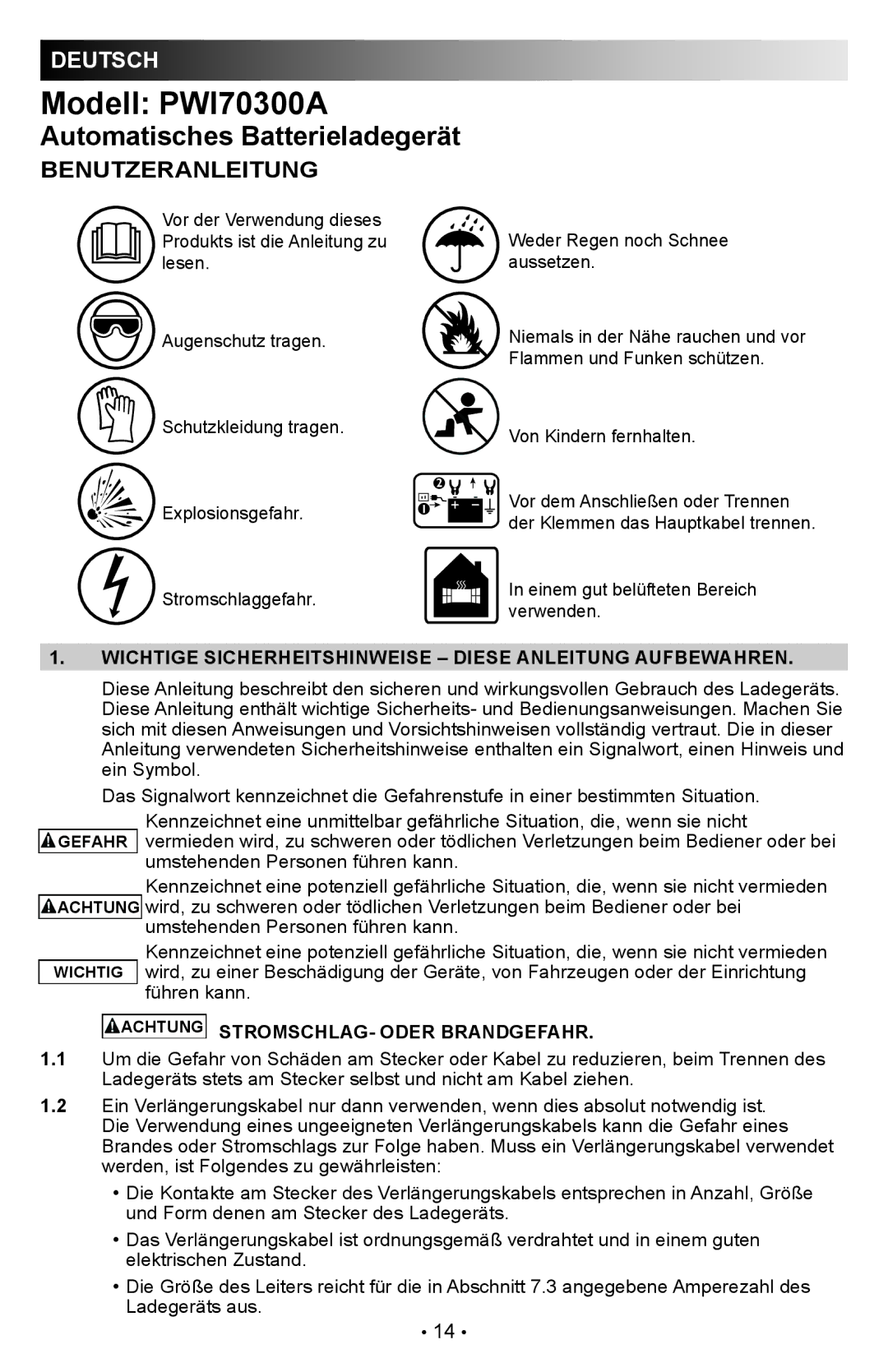 Schumacher PWI70300A Wichtige Sicherheitshinweise Diese Anleitung Aufbewahren, Achtung STROMSCHLAG- Oder Brandgefahr 