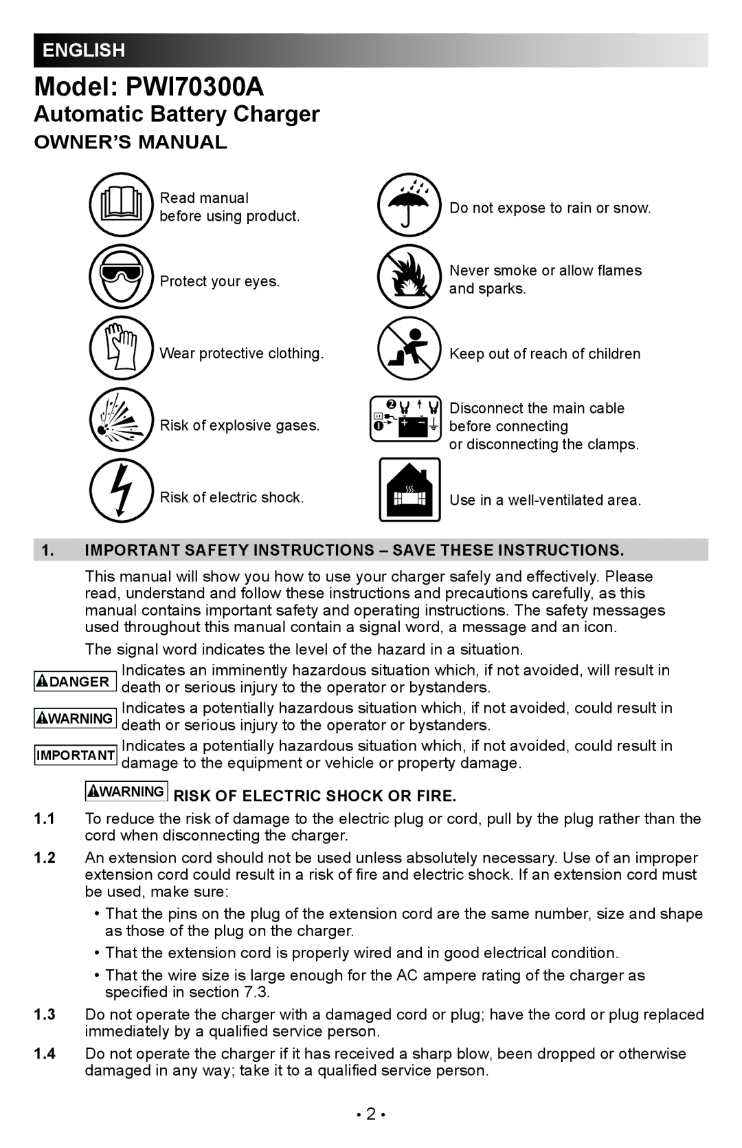 Schumacher owner manual Model PWI70300A, Important Safety Instructions Save These Instructions 