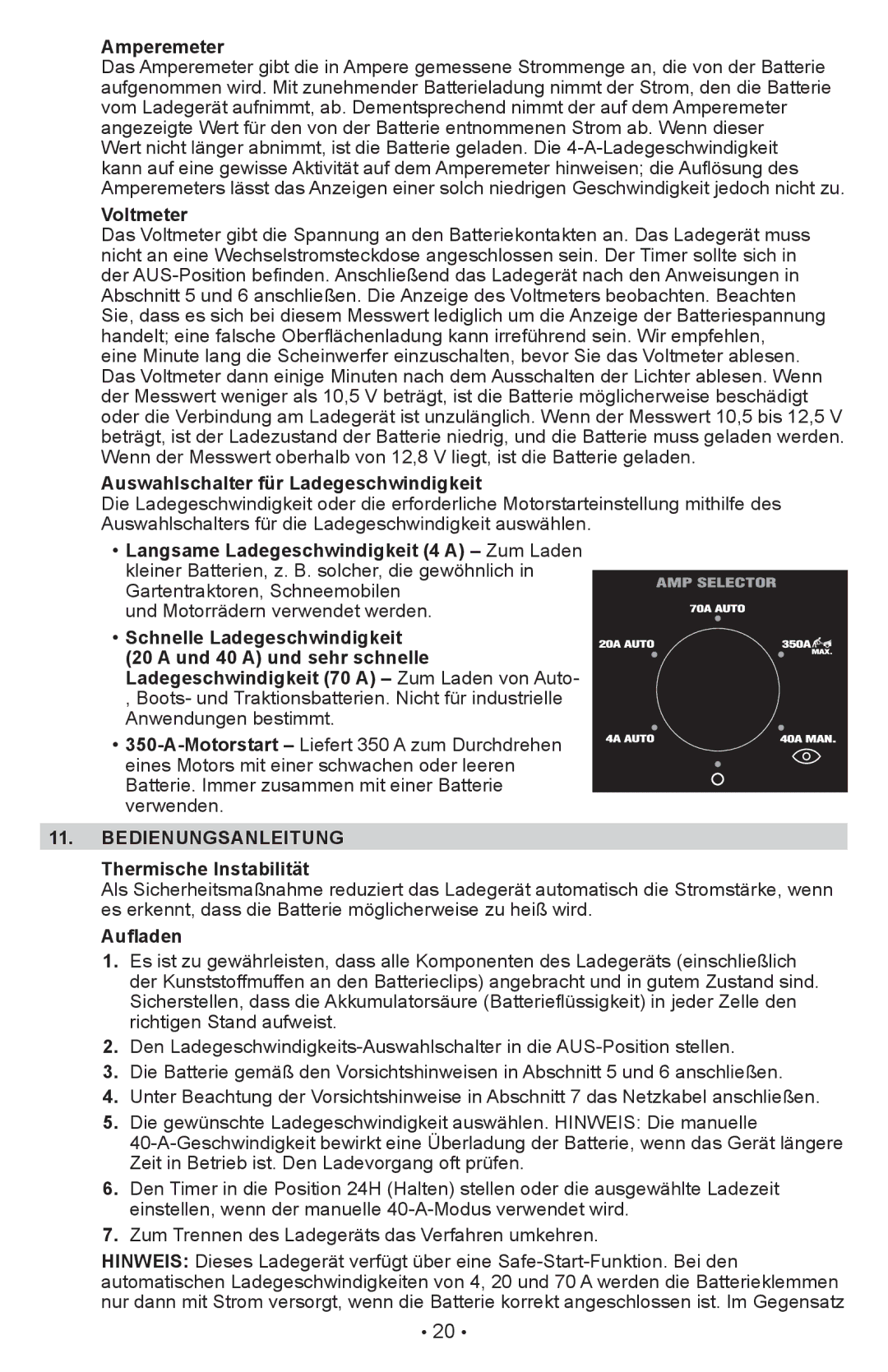 Schumacher PWI70300A Amperemeter, Auswahlschalter für Ladegeschwindigkeit, Bedienungsanleitung, Thermische Instabilität 