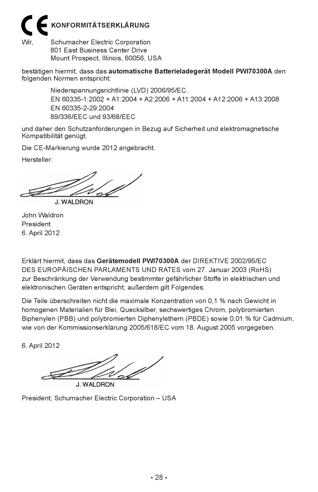 Schumacher PWI70300A owner manual Konformitätserklärung 